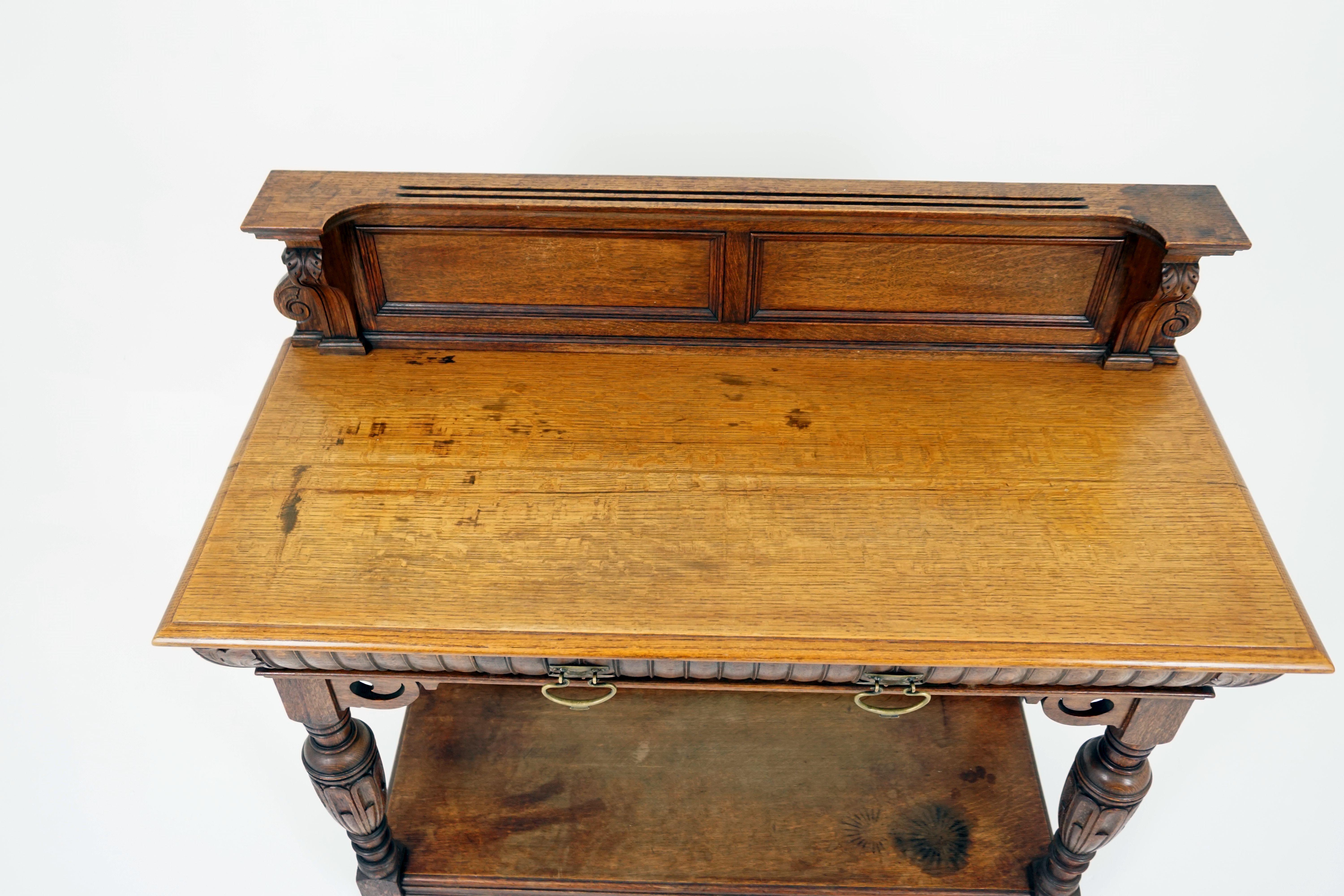 Antique serving table, Victorian carved tiger oak console table or hall table, antique furniture, Scotland, 1890

Scotland, 1890
Solid oak
Original finish
Carved panel back with plate rail on top
Rectangular top with moulded edge
Slant front