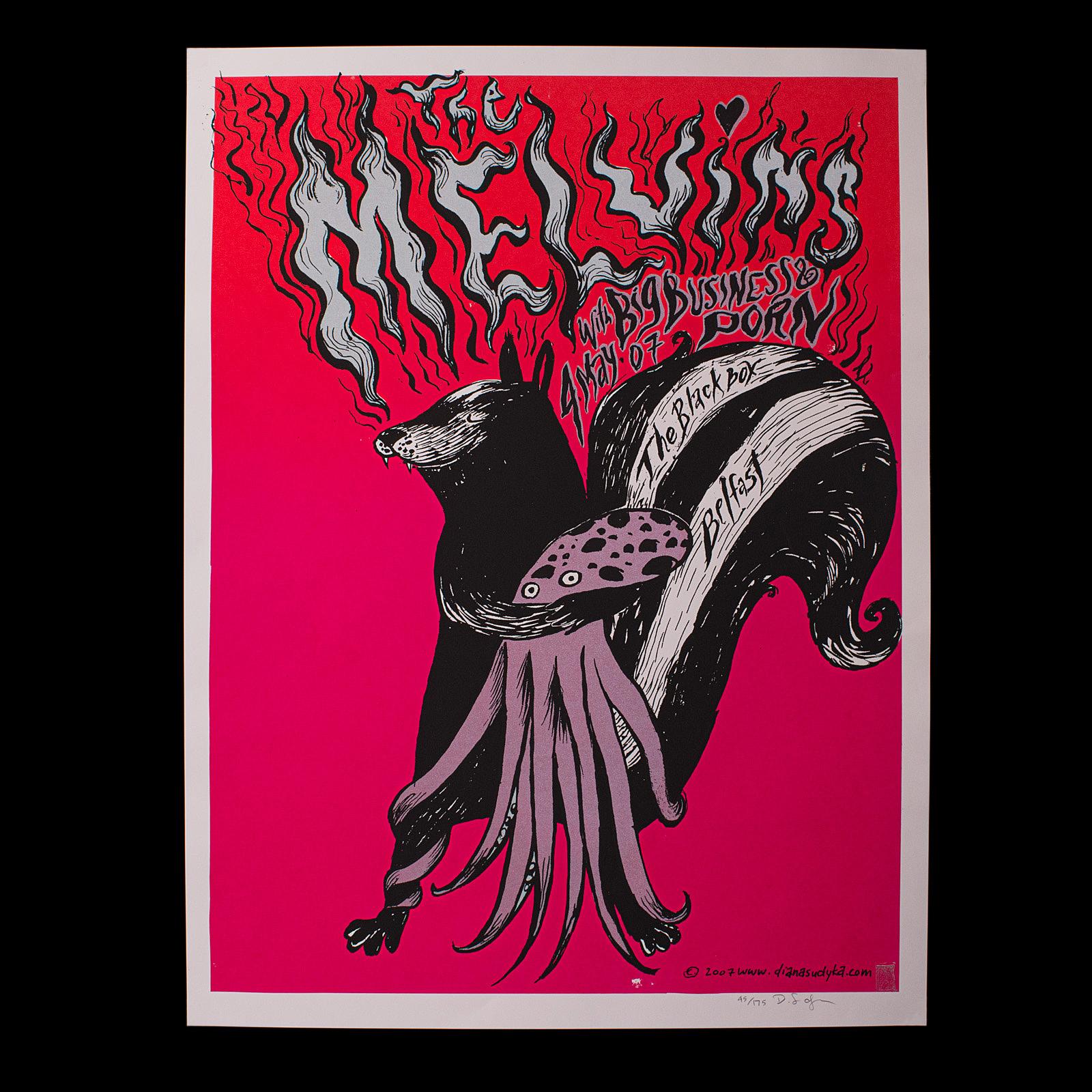 This is a decorative art screenprint for The Melvins. An American, rock concert poster signed by the artist, dated 2007.

Of superb character and finish, sure to delight fans and collectors alike
In gallery exhibition quality and very good