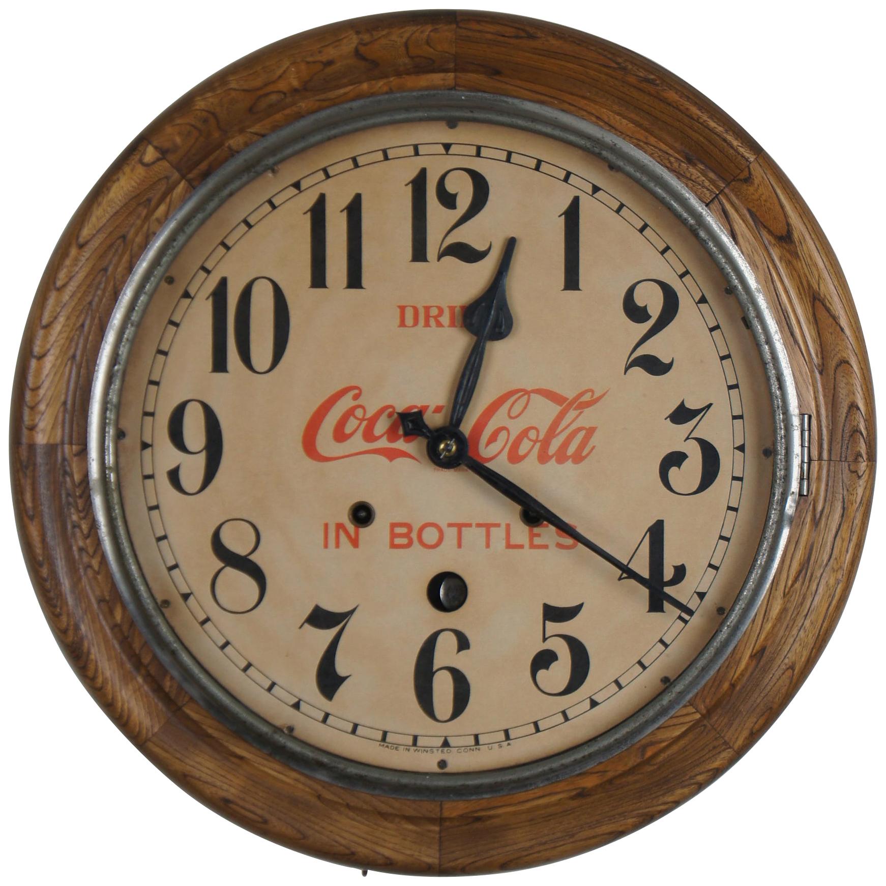 Antique Seth Thomas Drink Coca Cola Bottles Round Oak Wall Clock Peekaboo 16"