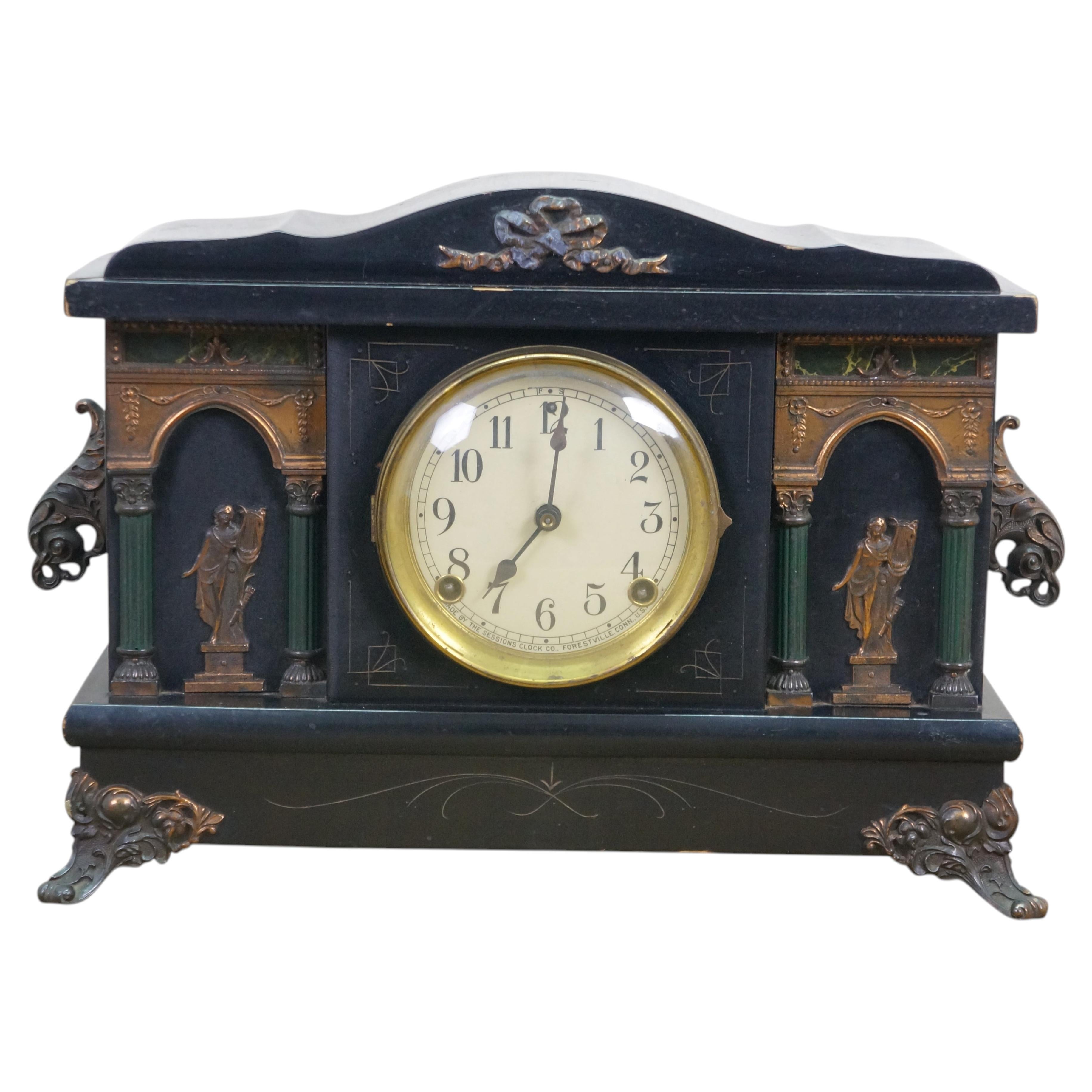 Antique Sessions Neoclassical Figure with Lyre Key Wound Mantel Clock 17" For Sale