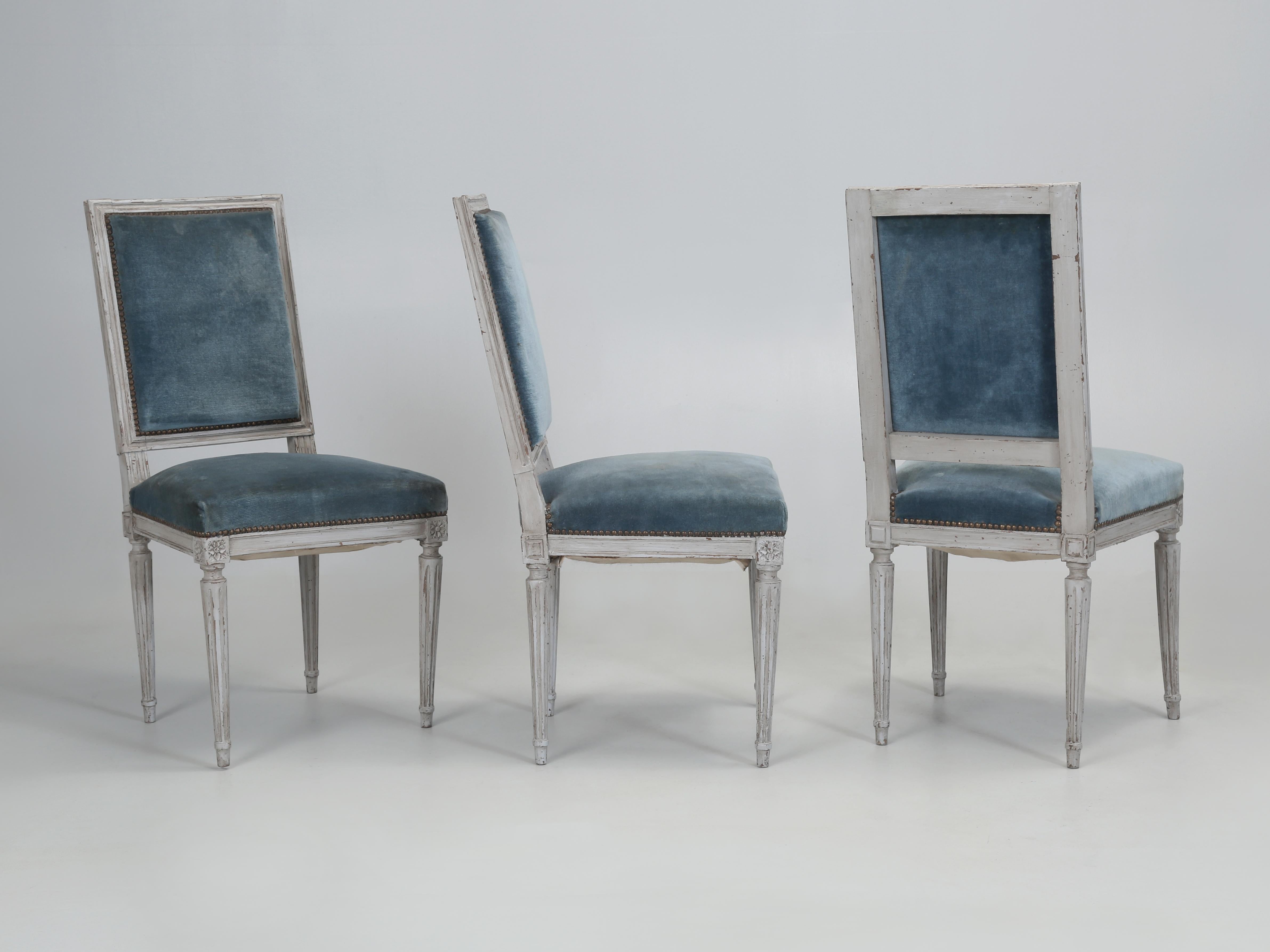 Antique set of (10) French Louis XVI Dining Chairs in desperate need of restoration. Whoever purchases this unusually large set of (10) Antique Louis XVI Dining Chairs will need to send them to a competent upholstery shop who also knows how to
