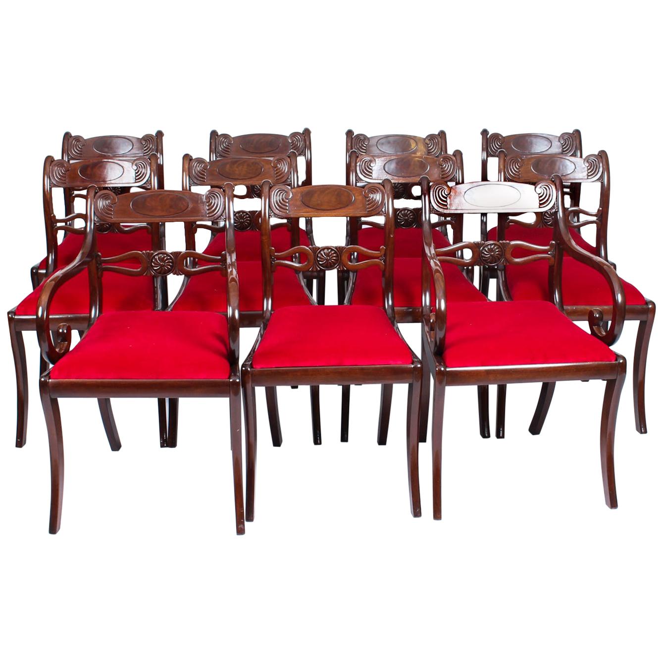Antique Set 11 English Mahogany Regency Dining Chairs, 19th Century