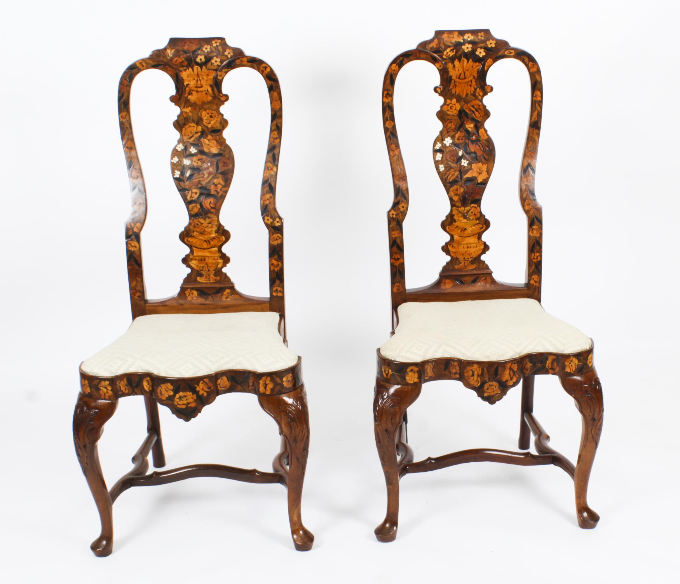 Antique Set 12 Dutch Marquetry Walnut High Back Dining Chairs Late 18th C 7