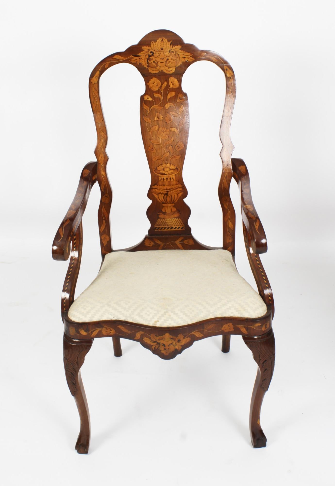 Late 18th Century Antique Set 12 Dutch Marquetry Walnut High Back Dining Chairs Late 18th C