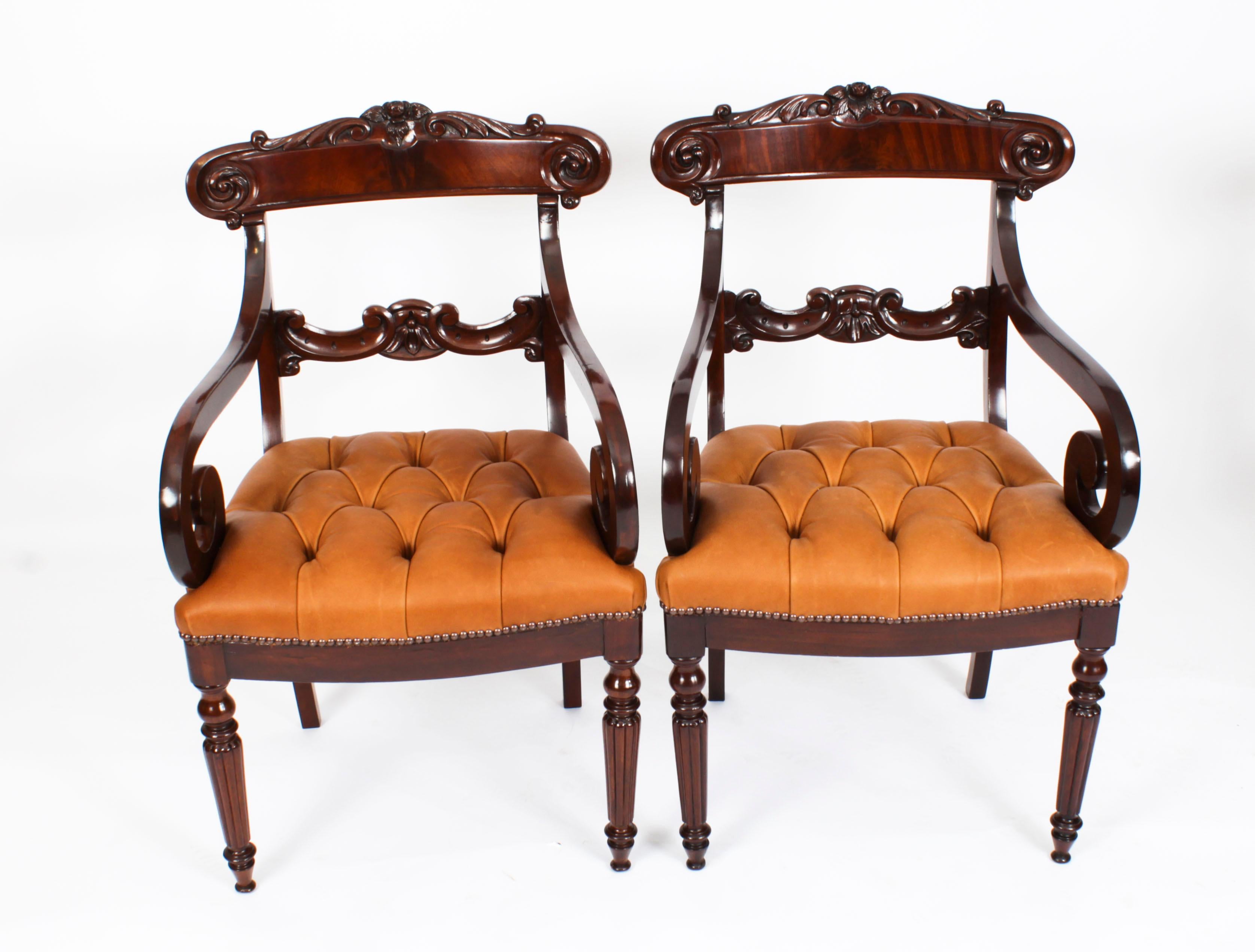 Antique Set 12 Flame Mahogany William IV Dining Chairs 19th Century 7
