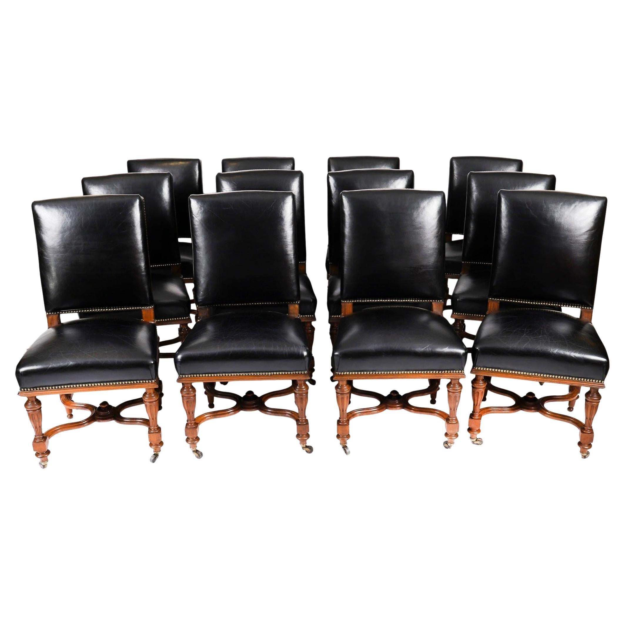 Antique Set 12 French Walnut & Black Leather Dining Chairs 19th Century