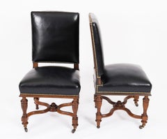 Antique Set 12 French Walnut & Black Leather Upholstered DiningChairs19thCentury