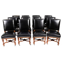 Antique Set 12 French Walnut & Black Leather Upholstered DiningChairs19thCentury
