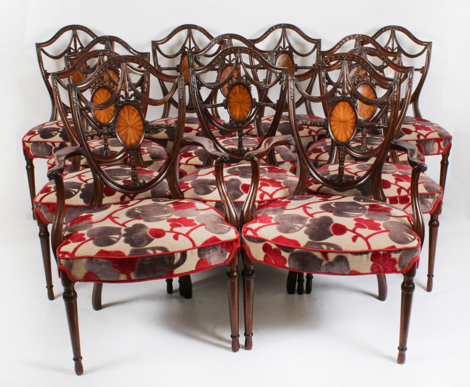 Antique Set 12 Hepplewhite Mahogany Dining Chairs 19th Century 15
