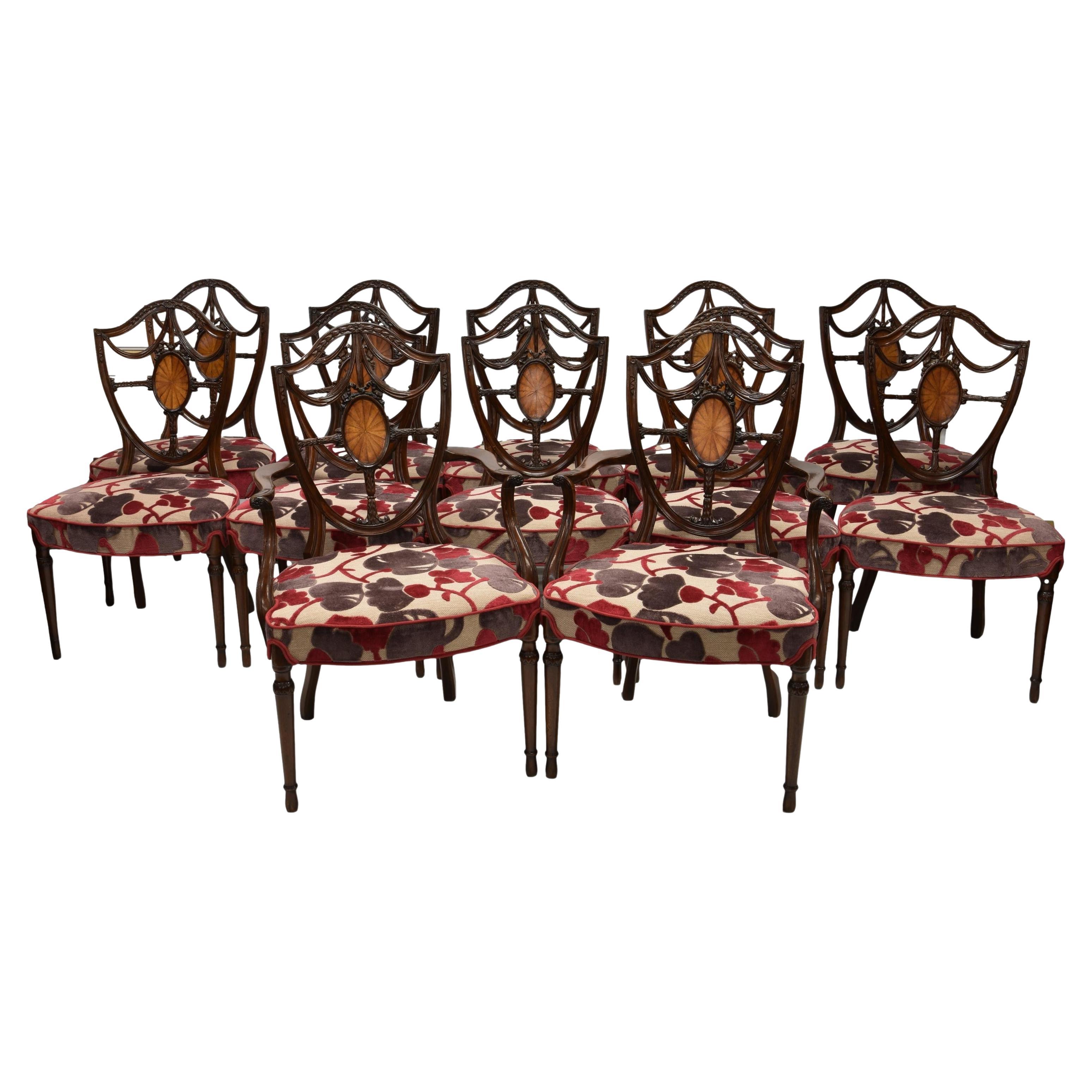 Antique Set 12 Hepplewhite Mahogany Dining Chairs 19th Century