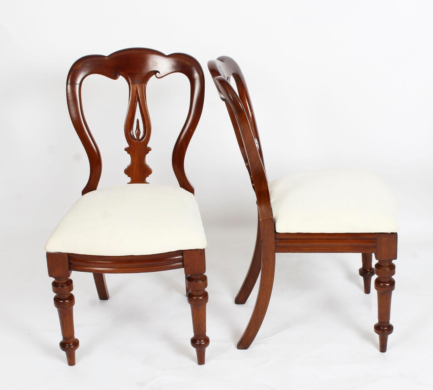 This is a fabulous set of twelve antique English Victorian spoon back dining chairs, circa 1870 in date.

The set comprises twelve side chairs all masterfully crafted in beautiful solid mahogany. They each have elegant spoon backs and are raised on