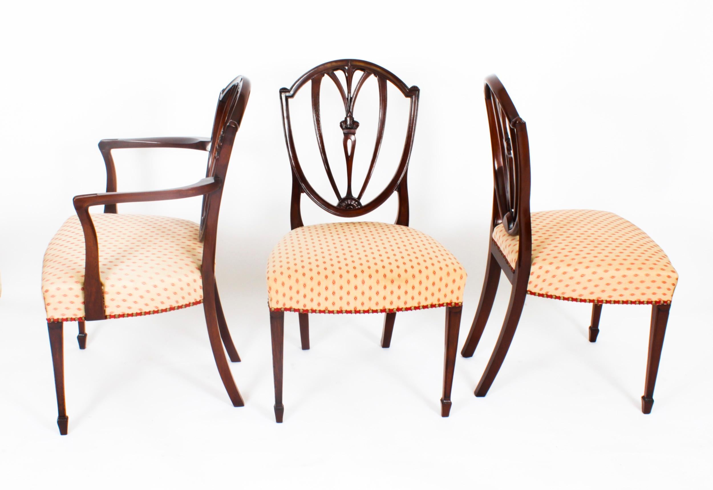 This is a fantastic antique English made set of fourteen mahogany shield back dining chairs of 