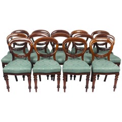 Antique Set 14 Victorian Mahogany Balloon Back Dining Chairs, 19th Century