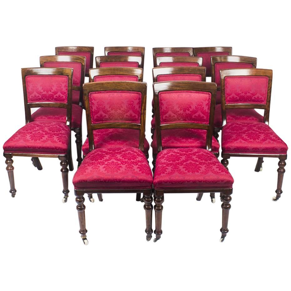 Antique Set 14 Victorian Mahogany Upholstered Back Dining Chairs, 19th Century