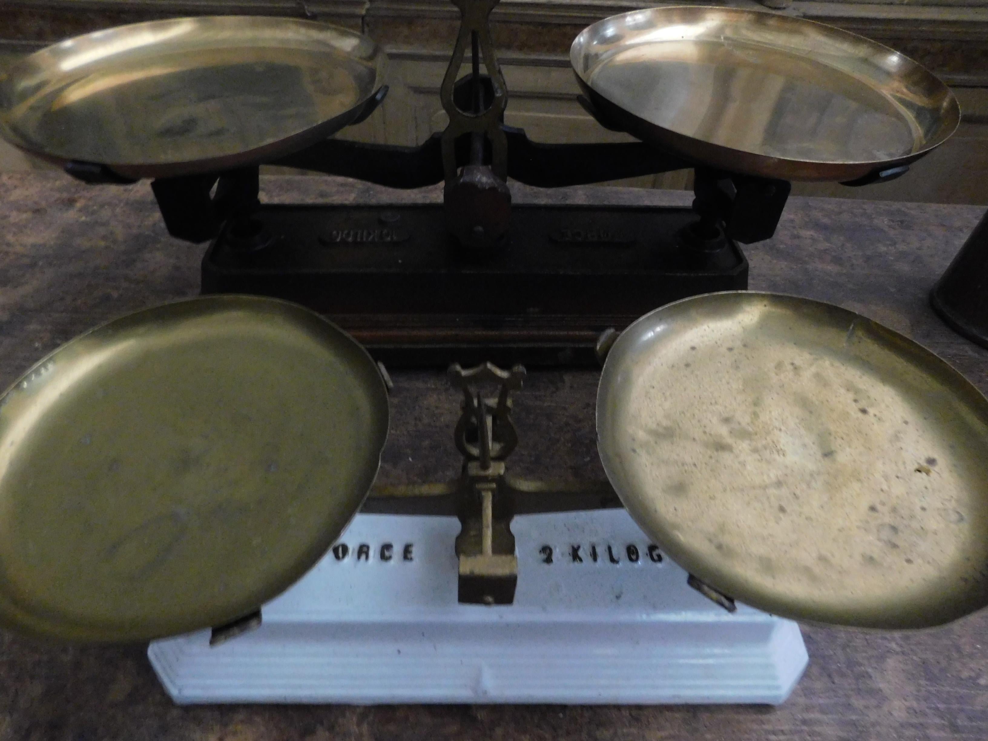 Antique Set 2 Brass Scale, Balance, with Weights, Ceramic and Bronze 1800 France 2