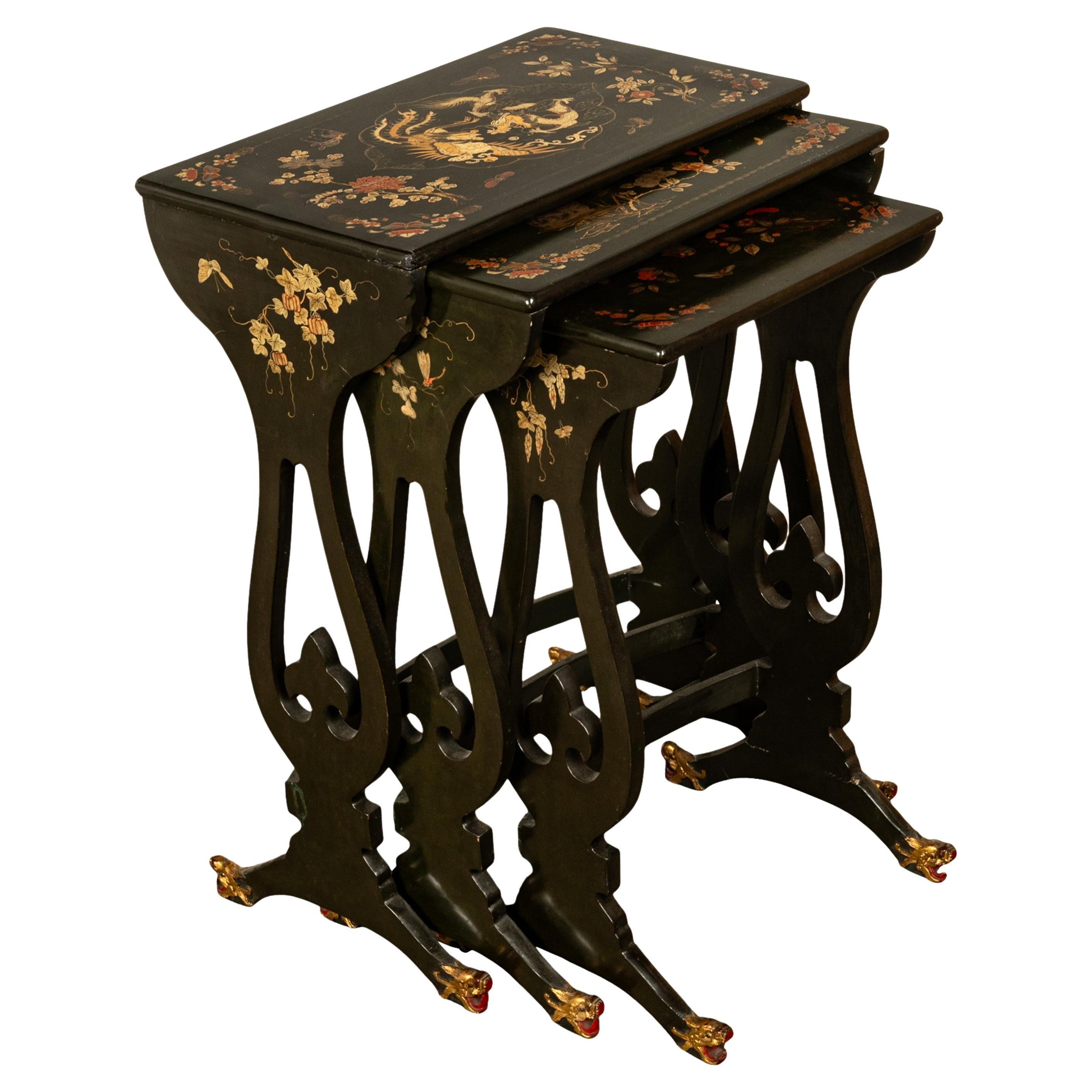 Antique Set 3 Chinese Export Gilded Lacquer Dragon Feet Nest of Tables 1890