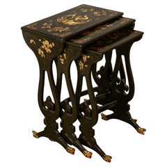 Antique Set 3 Chinese Export Gilded Lacquer Dragon Feet Nest of Tables 1890