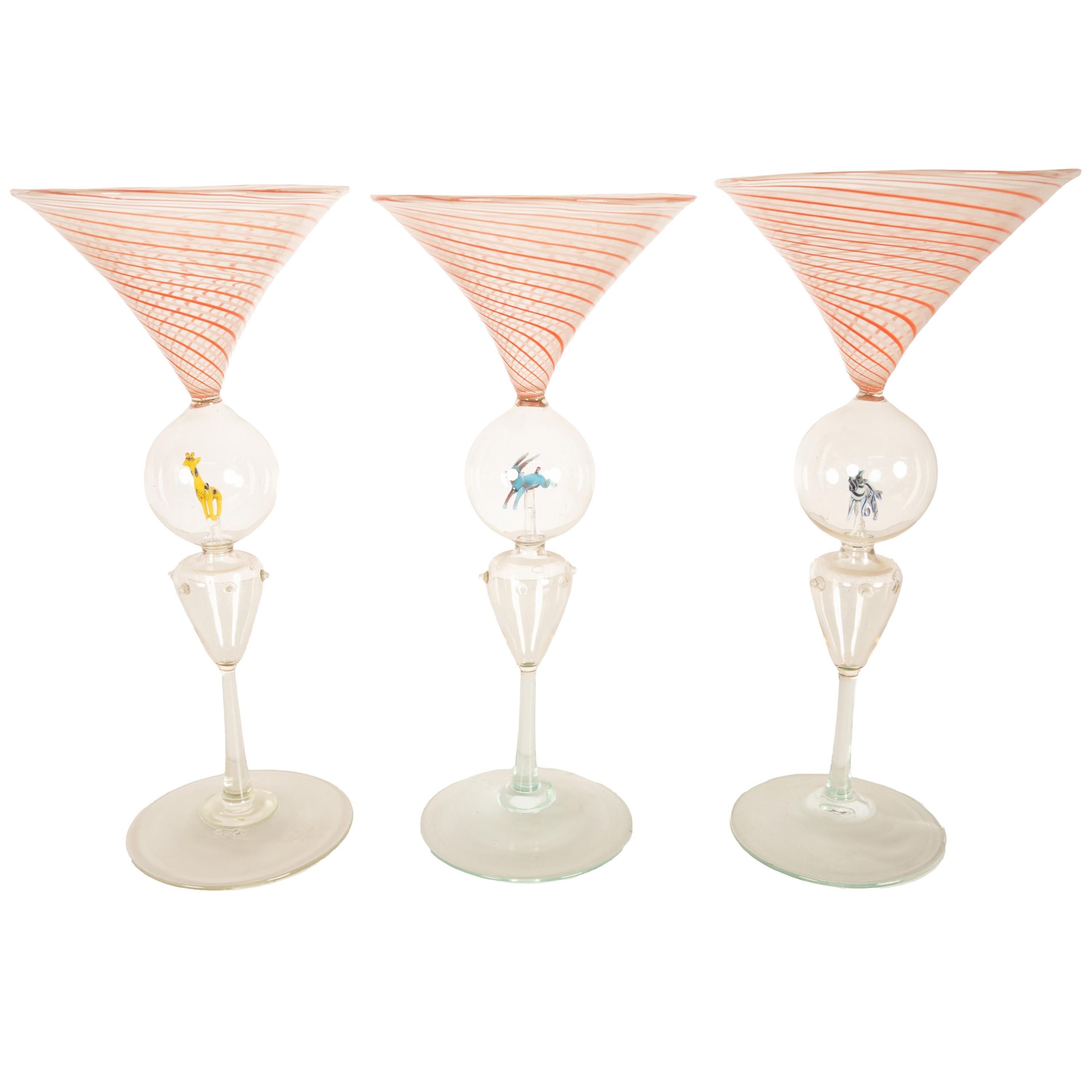 A very whimsical set of 3 antique handblown Martini glasses featuring a Giraffe, Zebra, and Gazelle, Bimini Werkstätte, Vienna, circa 1925.

A very playful set of martini glasses by the Bimini glassworks in Vienna. The glasses are handblown, the