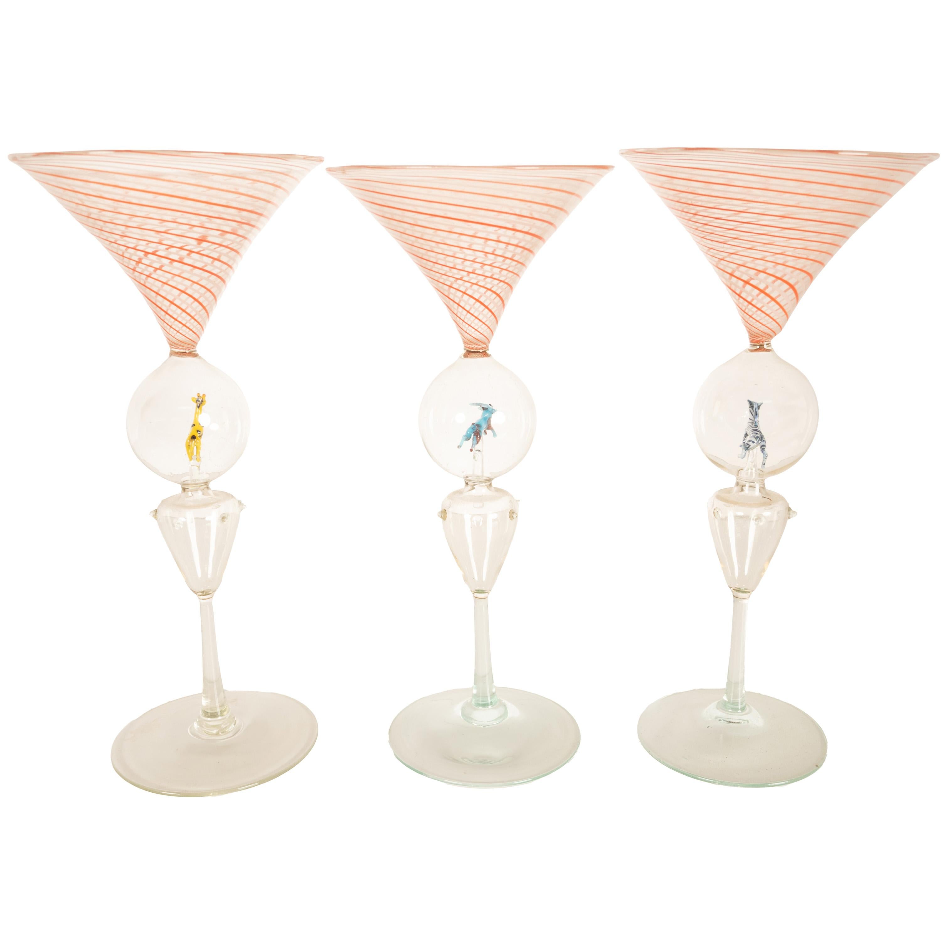Hand-Crafted Antique Set 3 Handblown Martini Glasses Animals Bimini Werkstätte Austria 1925 For Sale