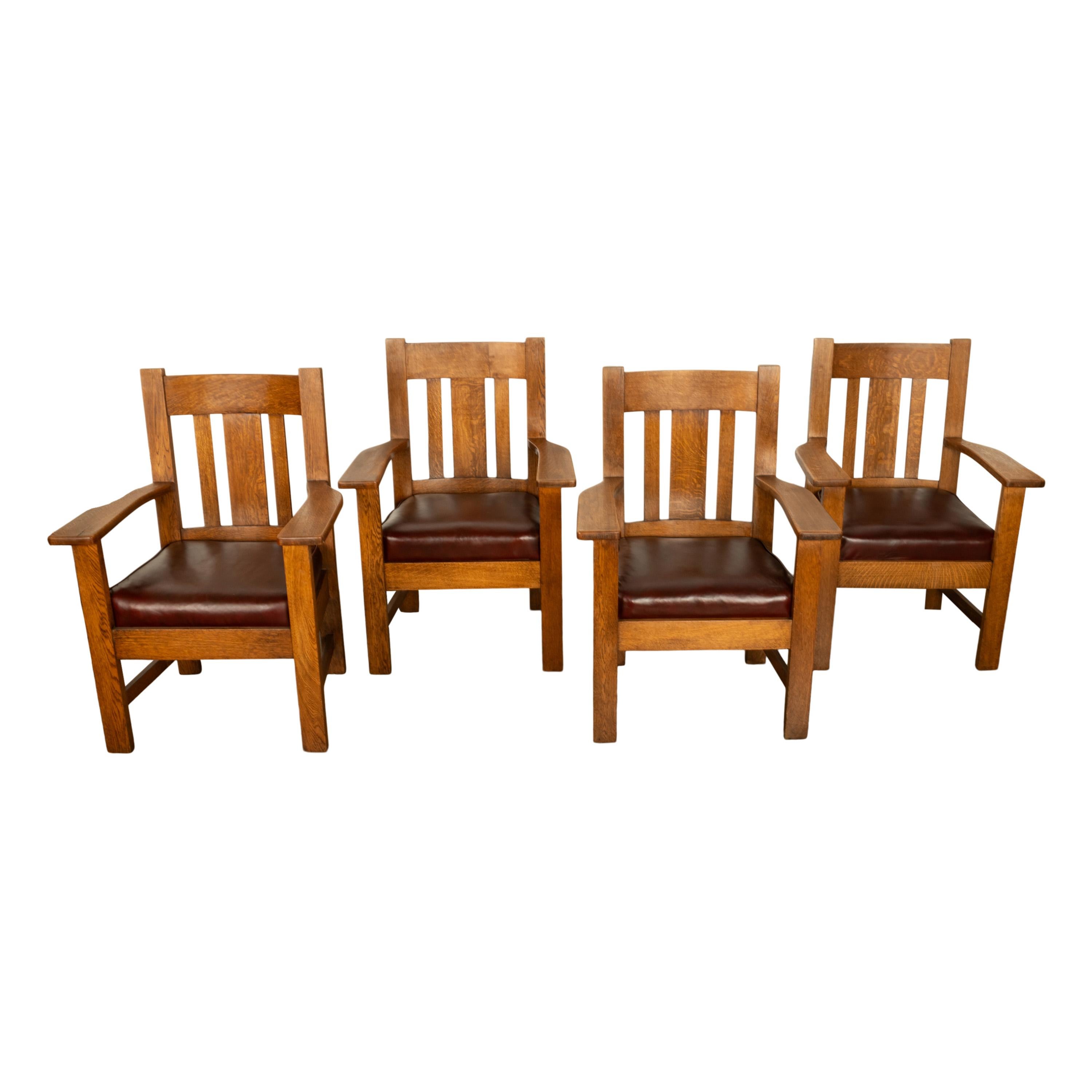 Antique Set 4 American Oak Arts & Crafts Mission Arm Chairs Stickley Oregon 1910 For Sale 11