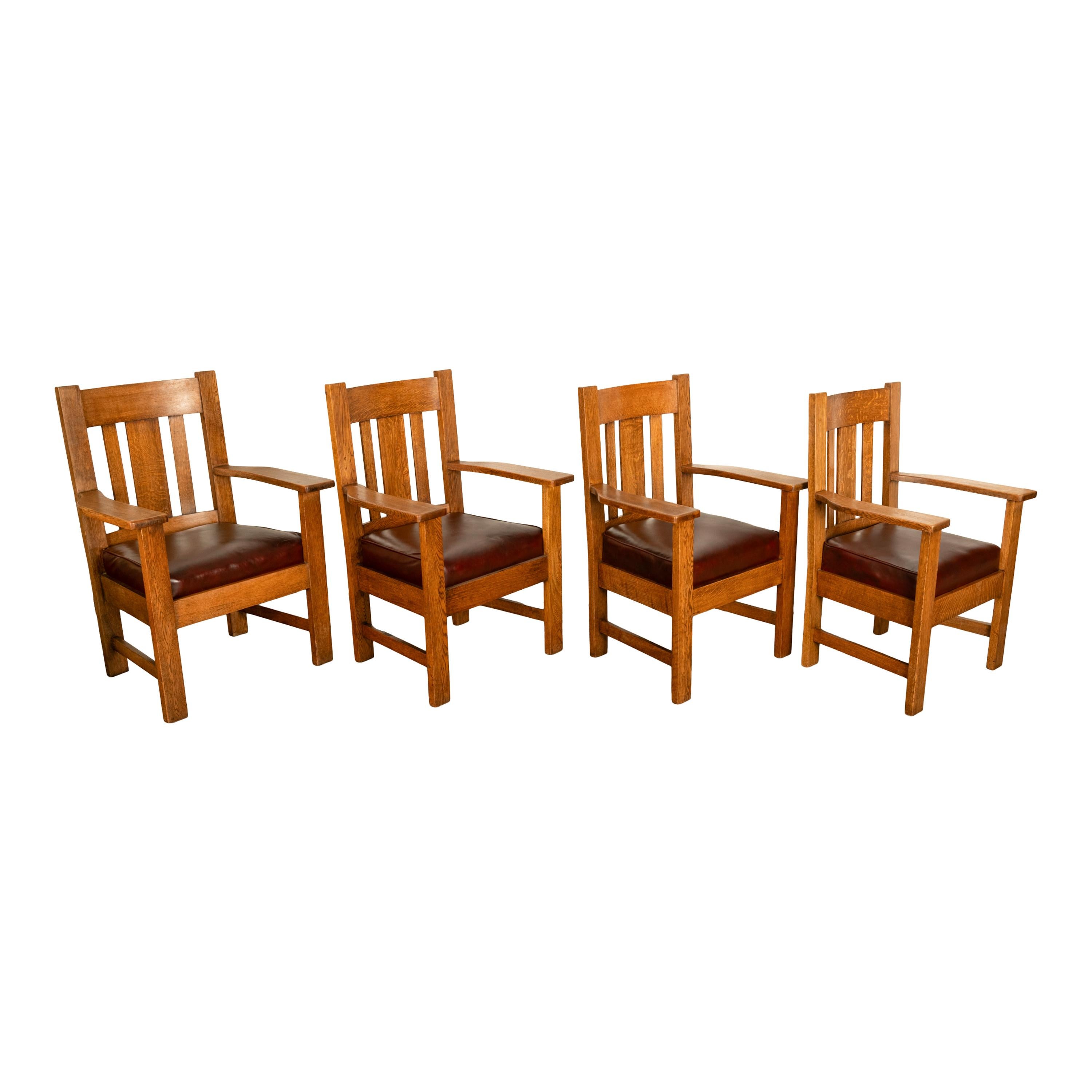 Antique Set 4 American Oak Arts & Crafts Mission Arm Chairs Stickley Oregon 1910 In Good Condition For Sale In Portland, OR