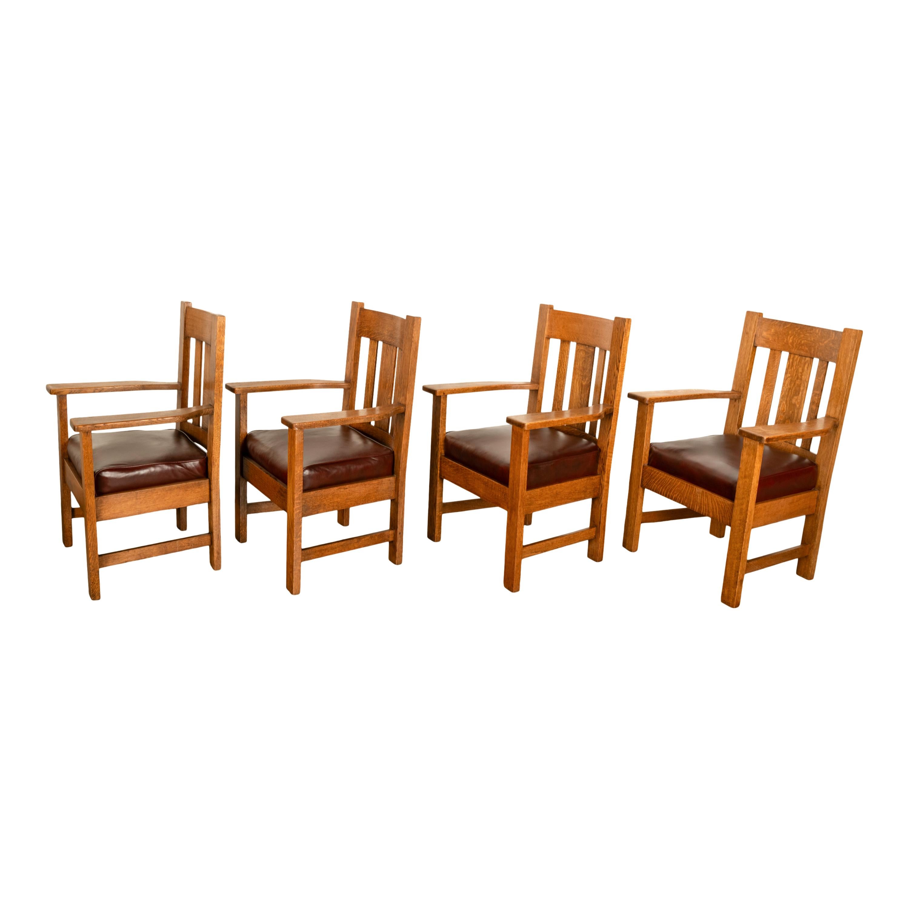 Early 20th Century Antique Set 4 American Oak Arts & Crafts Mission Arm Chairs Stickley Oregon 1910 For Sale