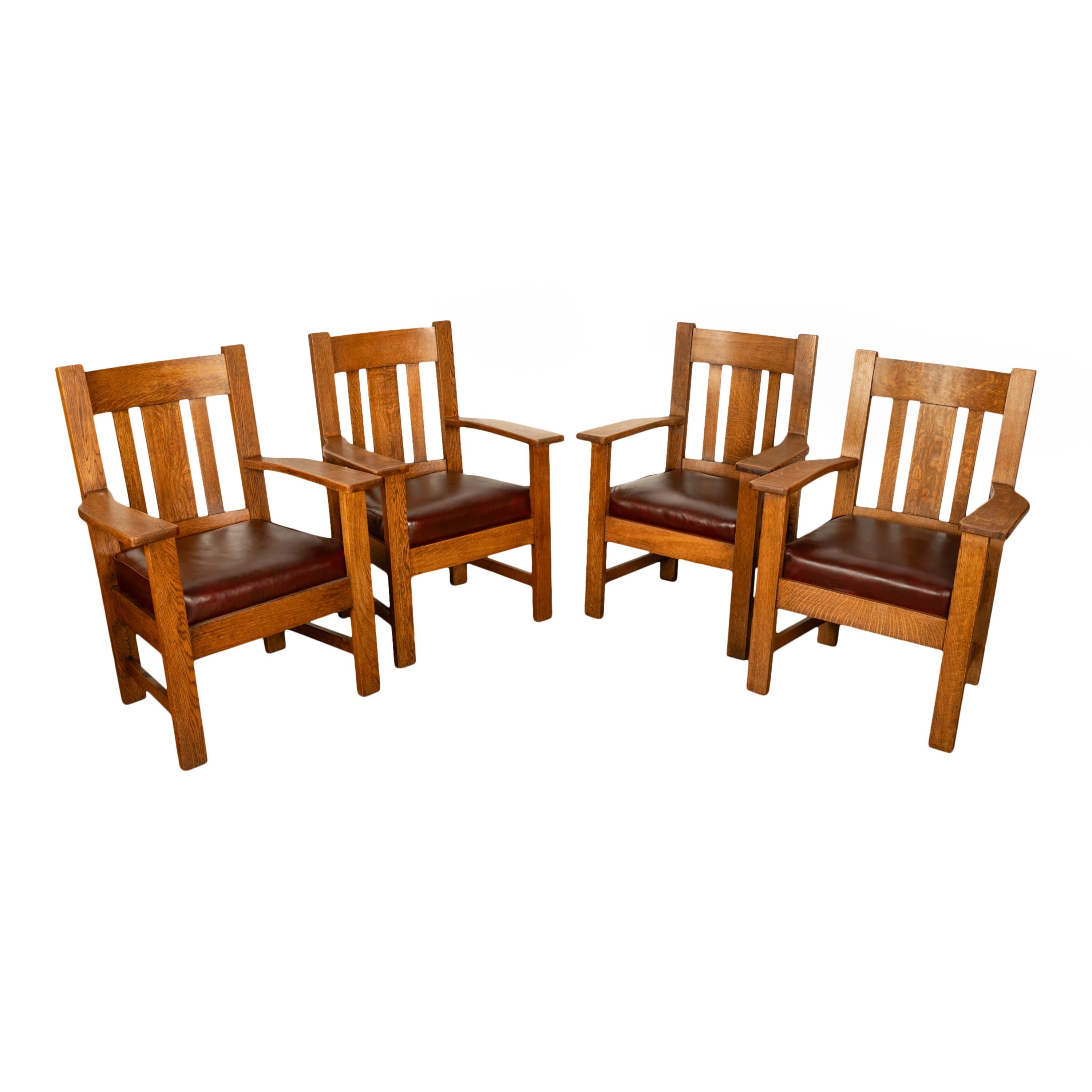 Leather Antique Set 4 American Oak Arts & Crafts Mission Arm Chairs Stickley Oregon 1910 For Sale