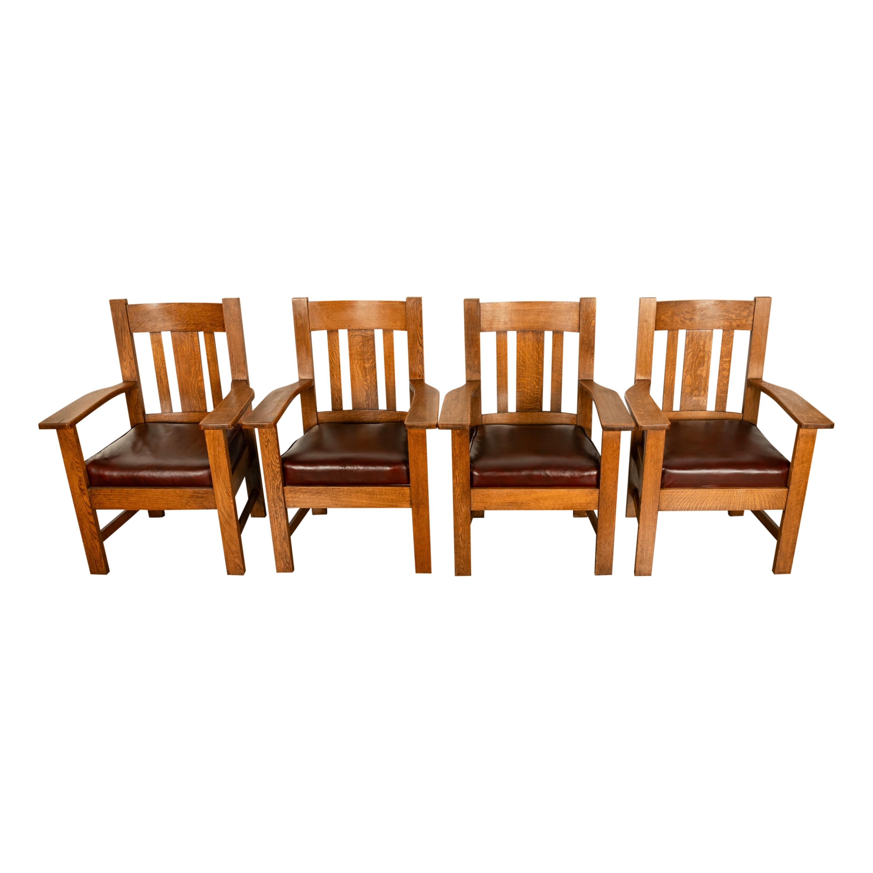 Antique Set 4 American Oak Arts & Crafts Mission Arm Chairs Stickley Oregon 1910 For Sale 1