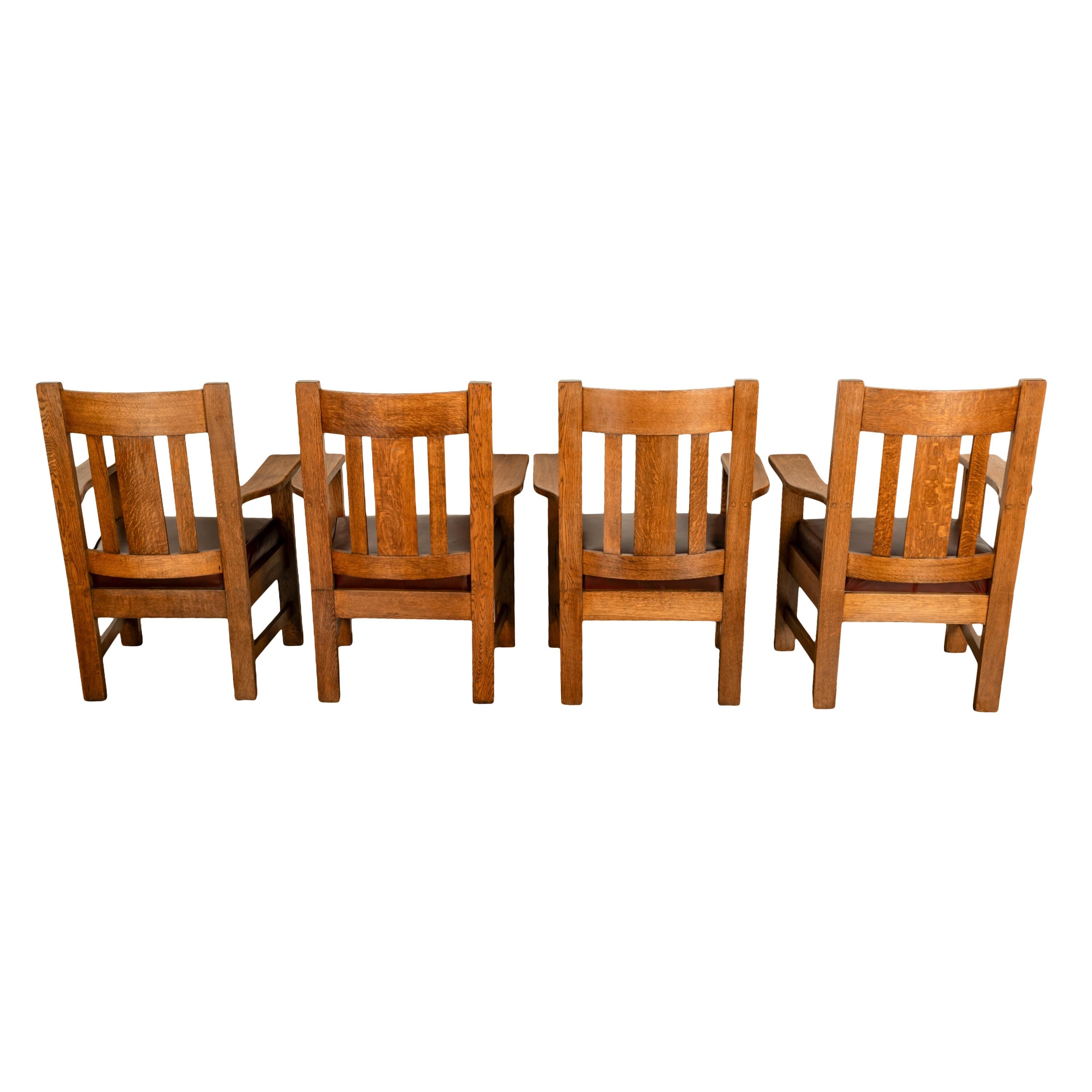 Antique Set 4 American Oak Arts & Crafts Mission Arm Chairs Stickley Oregon 1910 For Sale 2