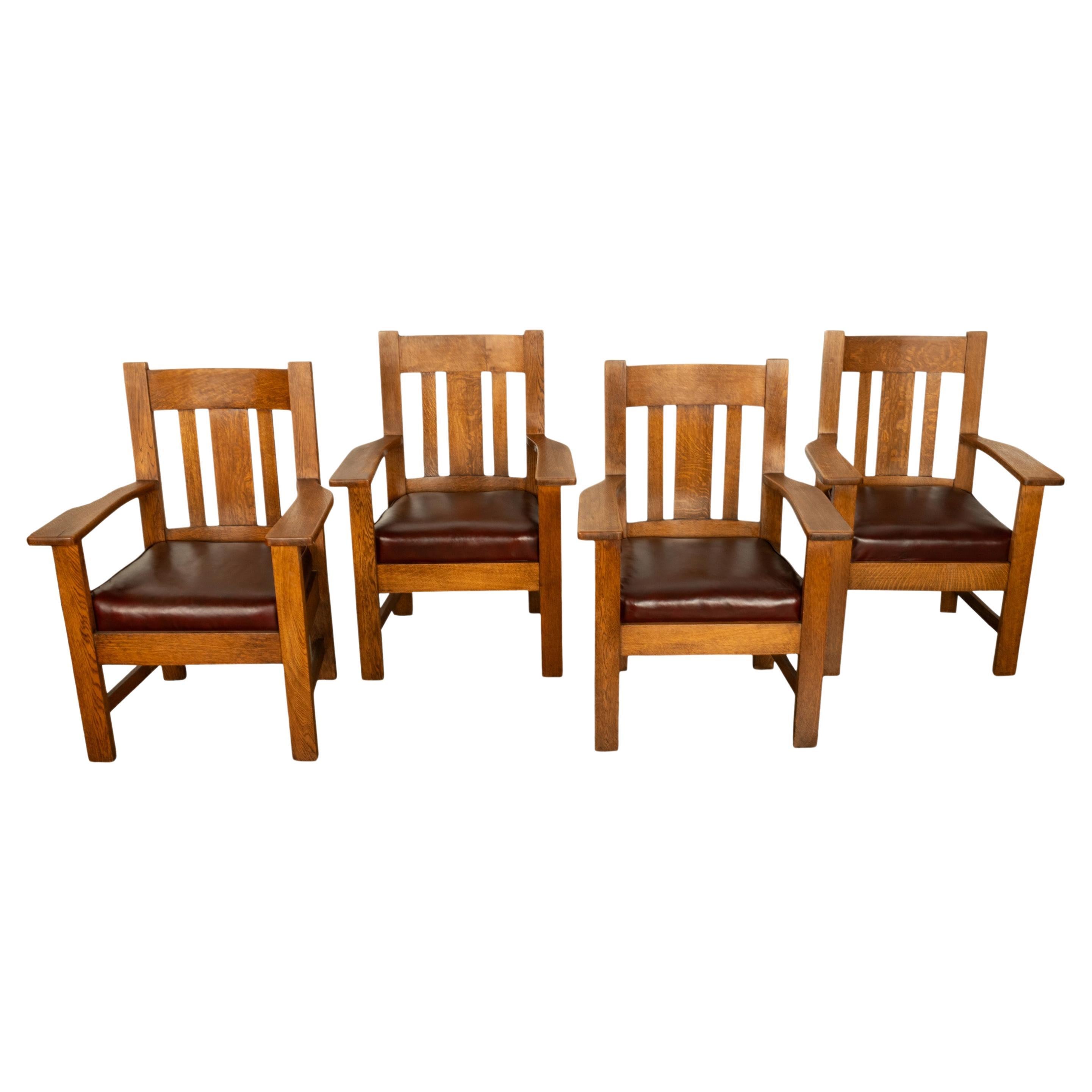 Antique Set 4 American Oak Arts & Crafts Mission Arm Chairs Stickley Oregon 1910