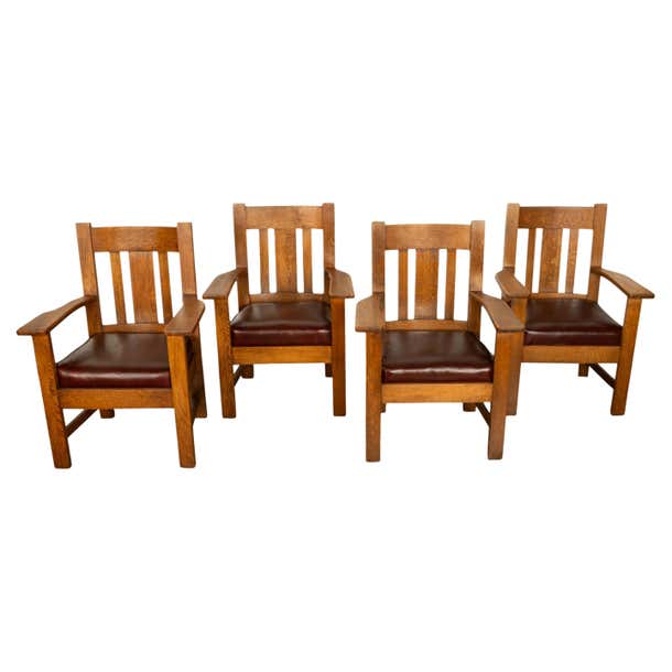 Antique Set 4 American Oak Arts and Crafts Mission Arm Chairs Stickley ...