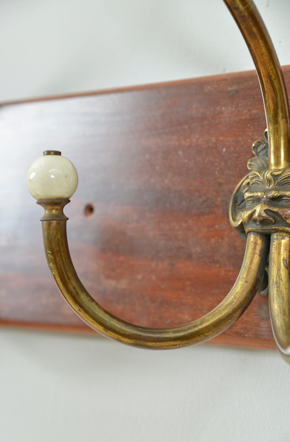 Antique Set 4 Brass Ceramic Hangers Hat Coat Hooks Mythical Green Man Gothic For Sale 8