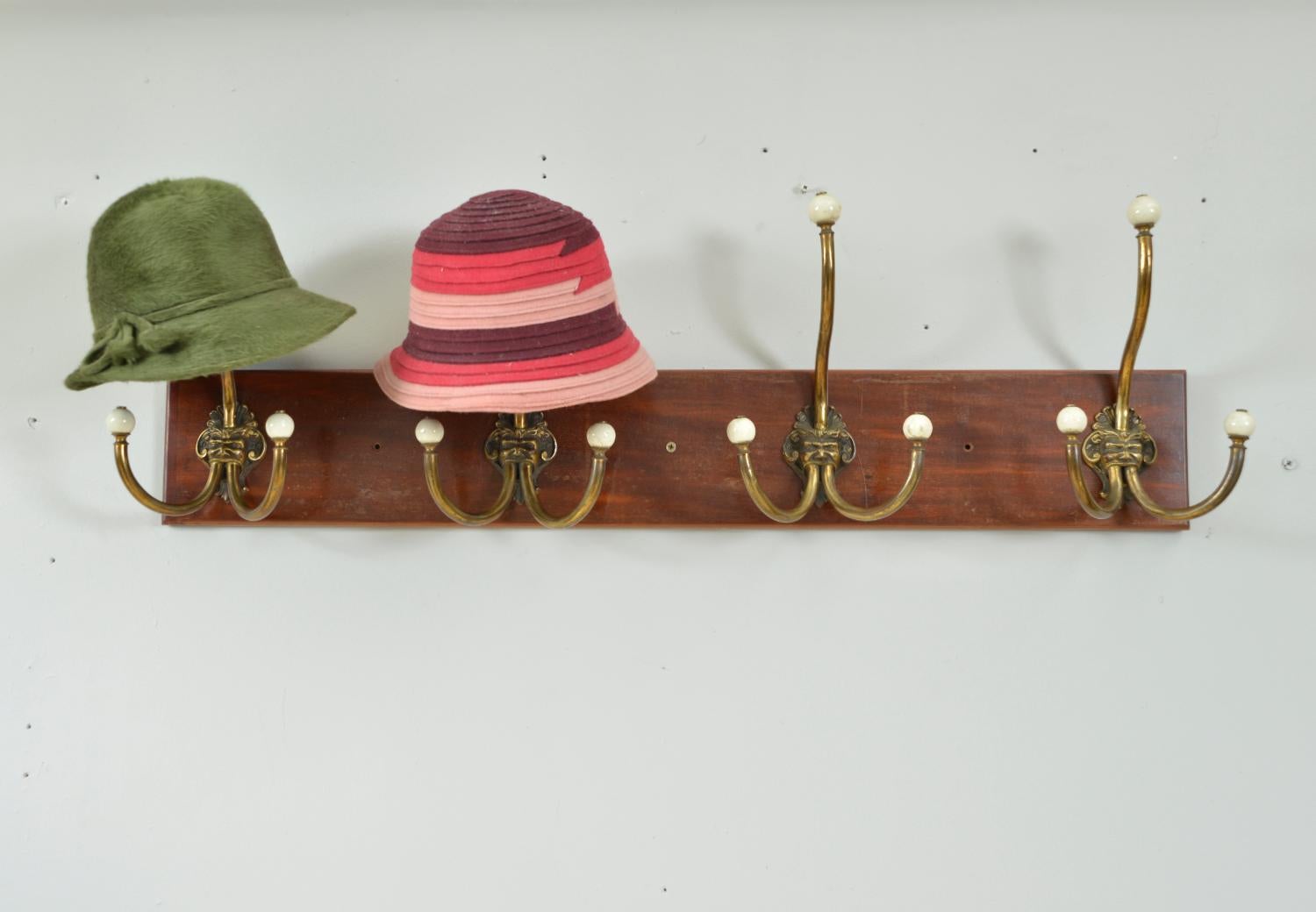 Antique Set 4 Brass Ceramic Hangers Hat Coat Hooks Mythical Green Man Gothic For Sale 9