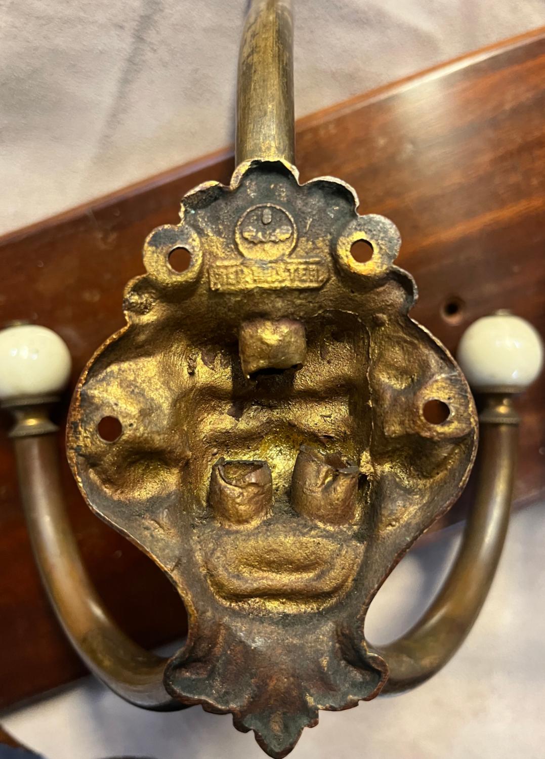 Antique Set 4 Brass Ceramic Hangers Hat Coat Hooks Mythical Green Man Gothic For Sale 11