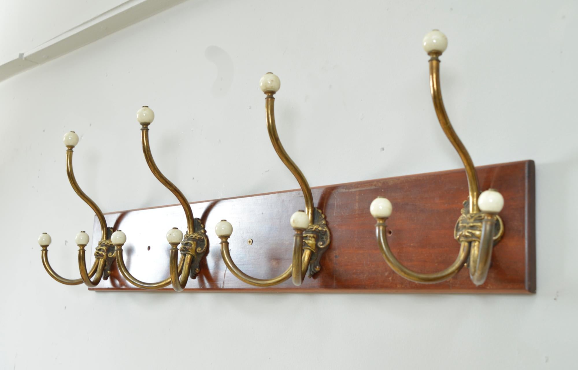 German Antique Set 4 Brass Ceramic Hangers Hat Coat Hooks Mythical Green Man Gothic For Sale