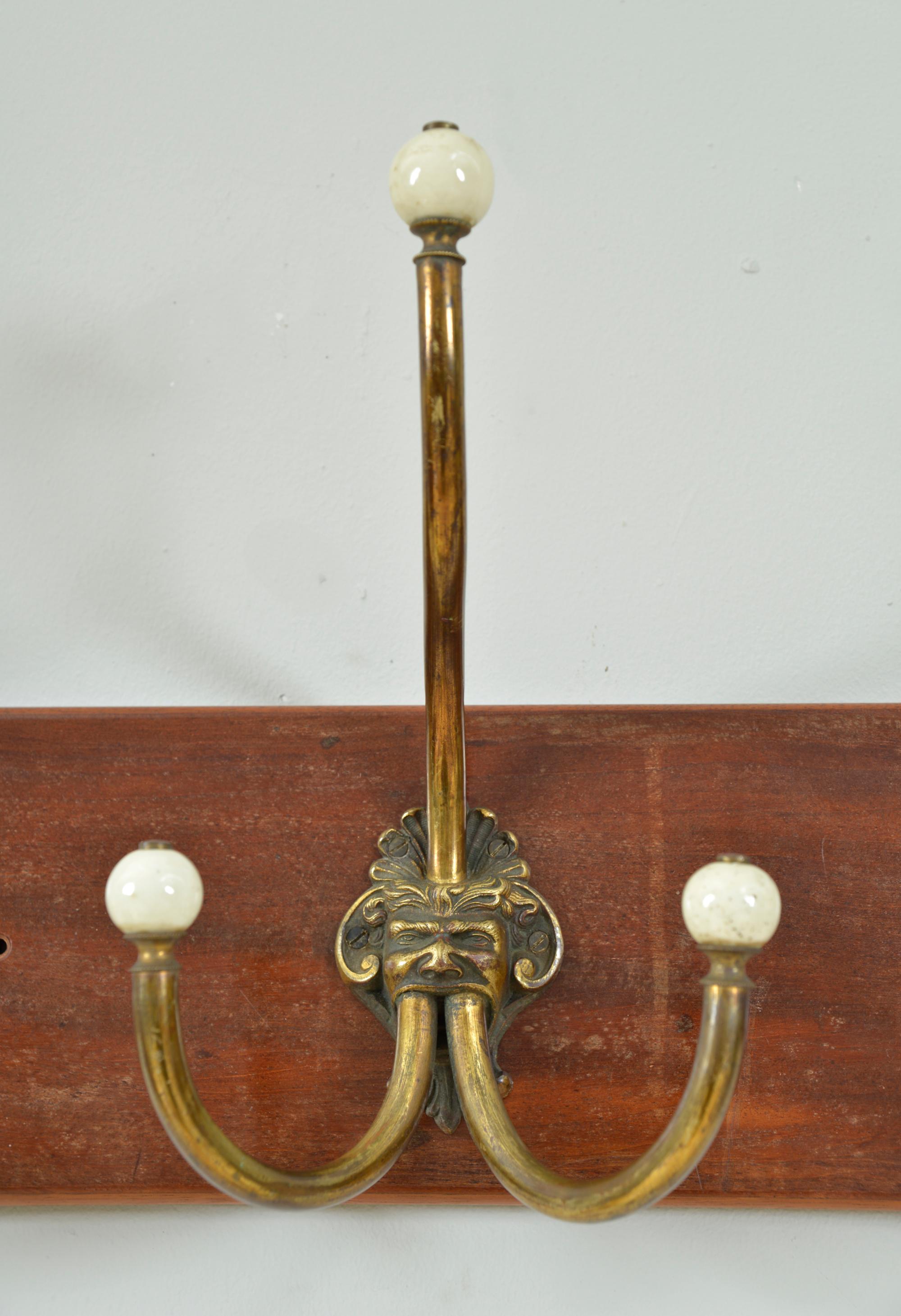 Cast Antique Set 4 Brass Ceramic Hangers Hat Coat Hooks Mythical Green Man Gothic For Sale