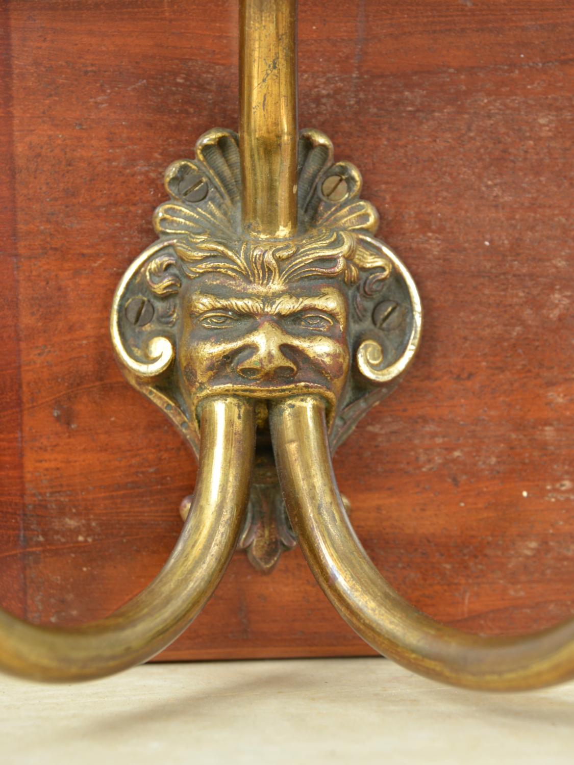 Antique Set 4 Brass Ceramic Hangers Hat Coat Hooks Mythical Green Man Gothic In Good Condition For Sale In Sherborne, Dorset