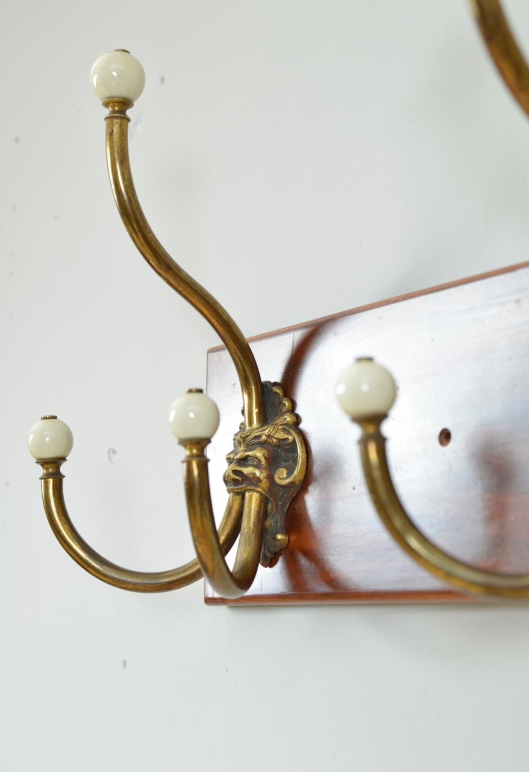 19th Century Antique Set 4 Brass Ceramic Hangers Hat Coat Hooks Mythical Green Man Gothic For Sale