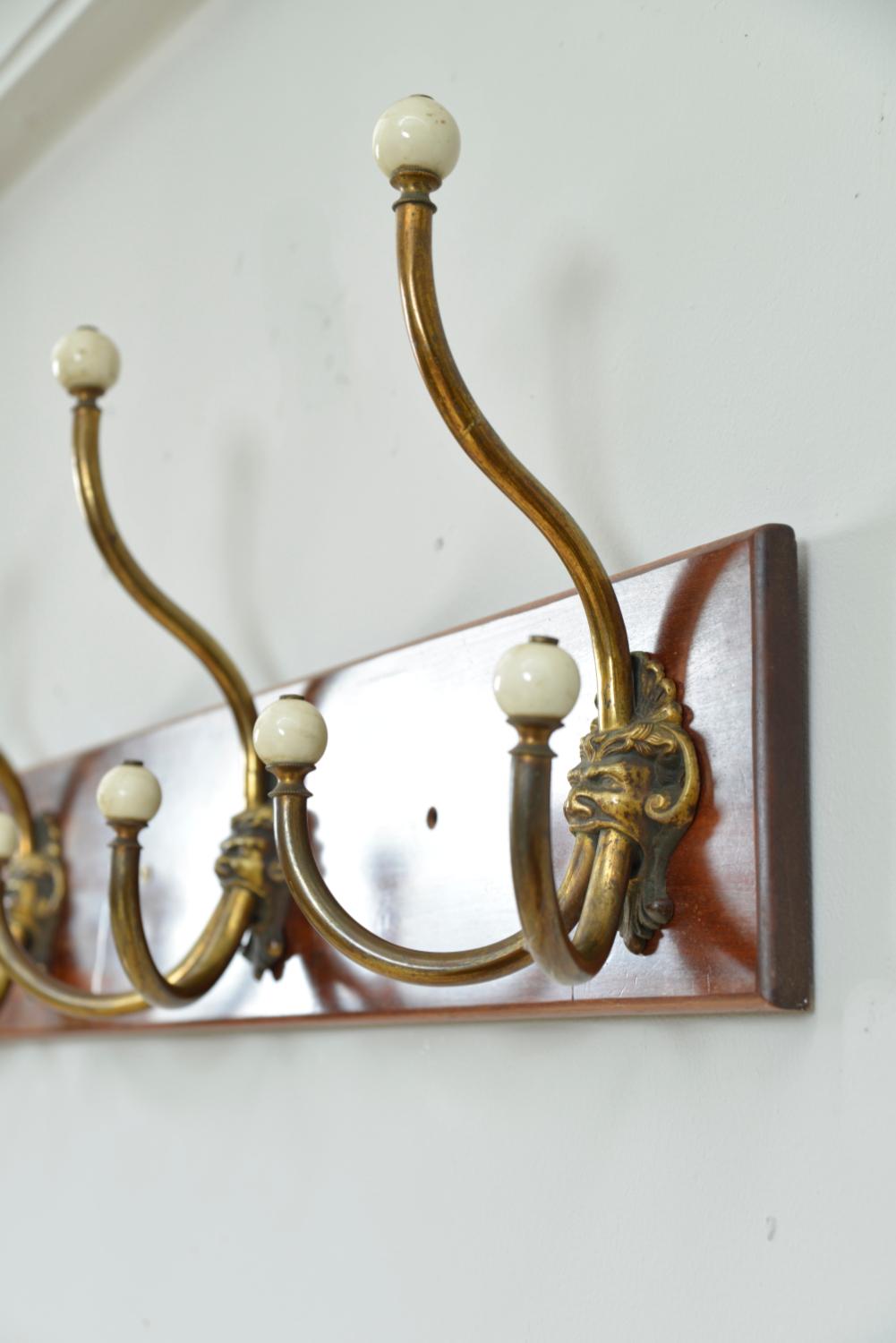 Antique Set 4 Brass Ceramic Hangers Hat Coat Hooks Mythical Green Man Gothic For Sale 1