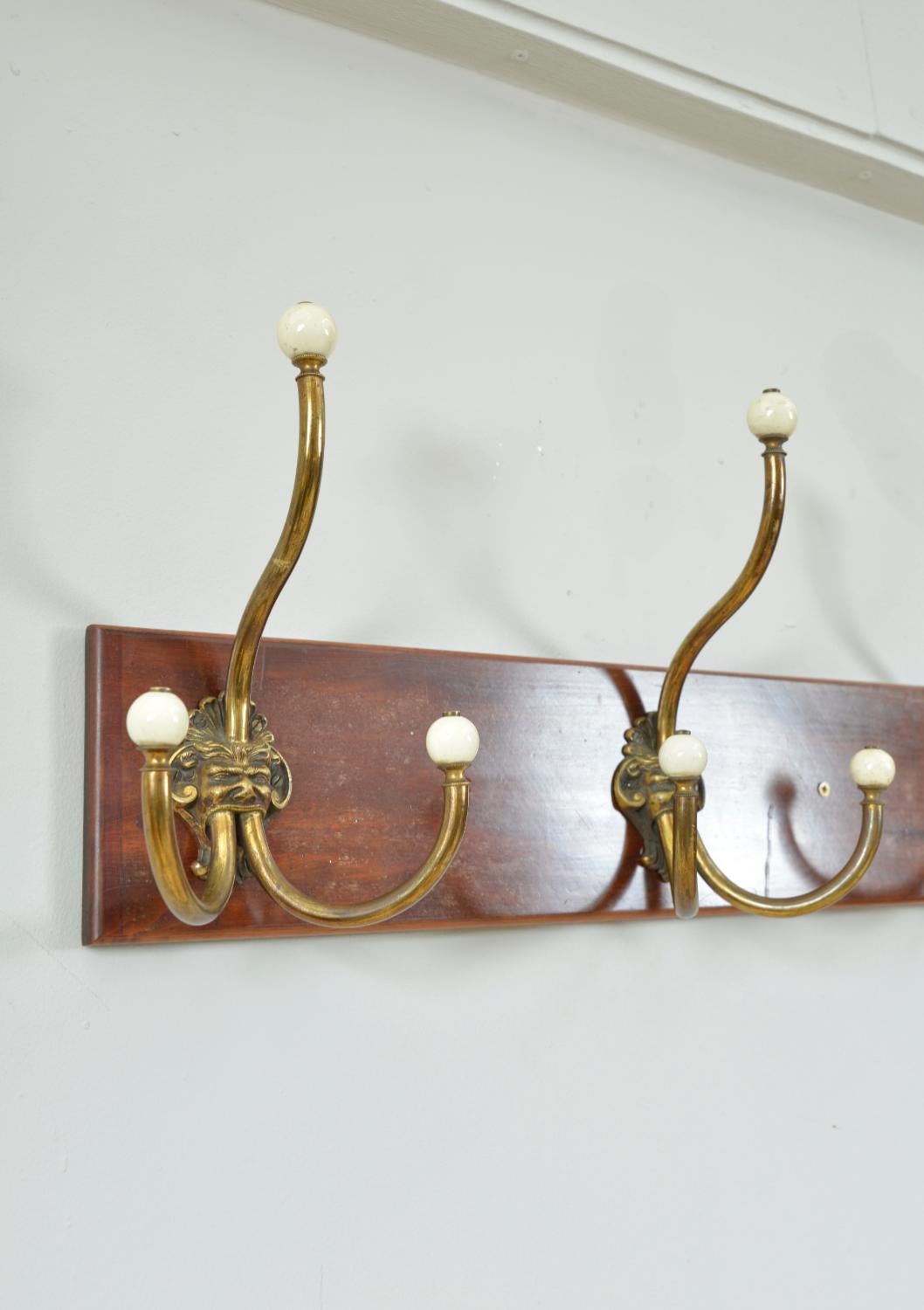 Antique Set 4 Brass Ceramic Hangers Hat Coat Hooks Mythical Green Man Gothic For Sale 3