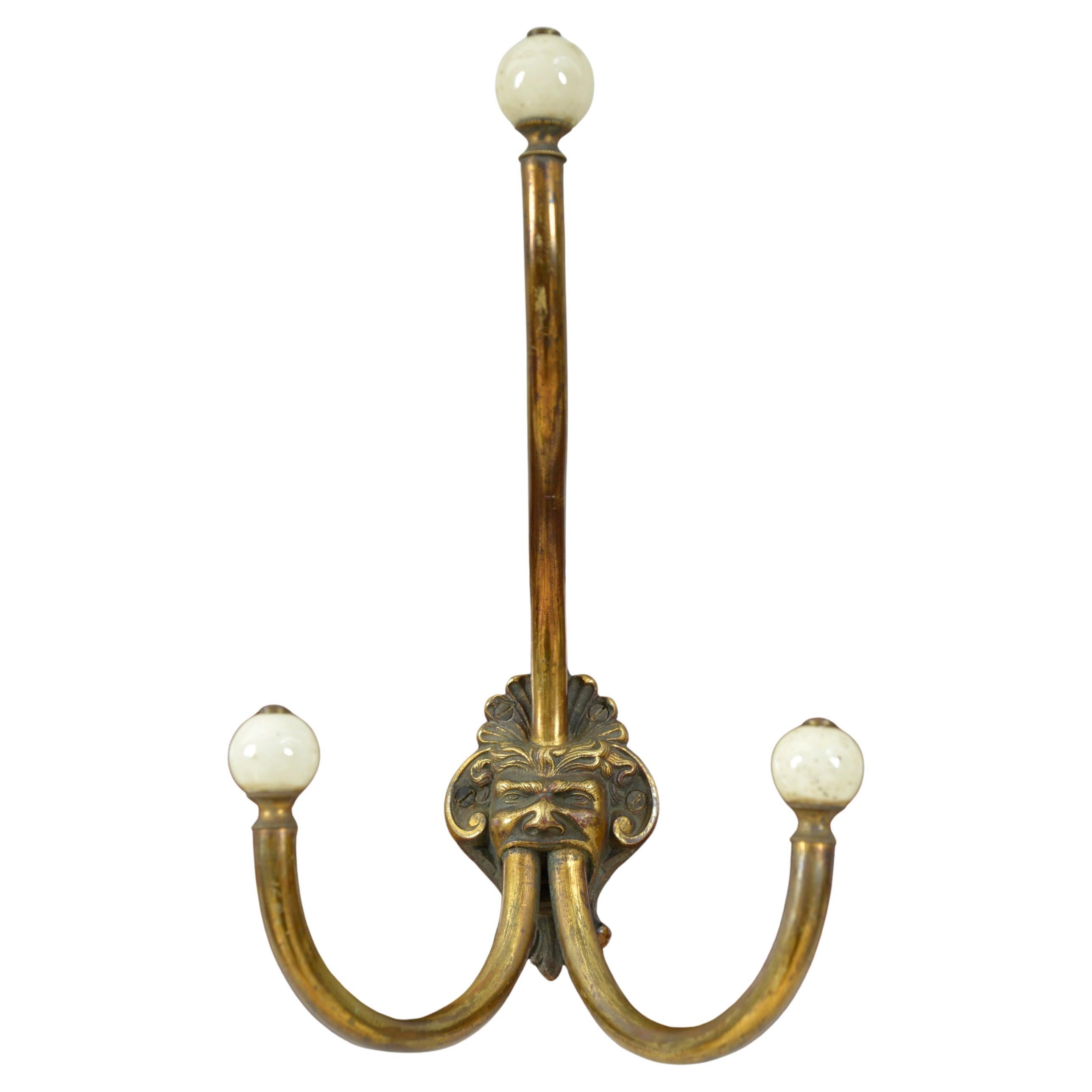 Antique Set 4 Brass Ceramic Hangers Hat Coat Hooks Mythical Green Man Gothic For Sale