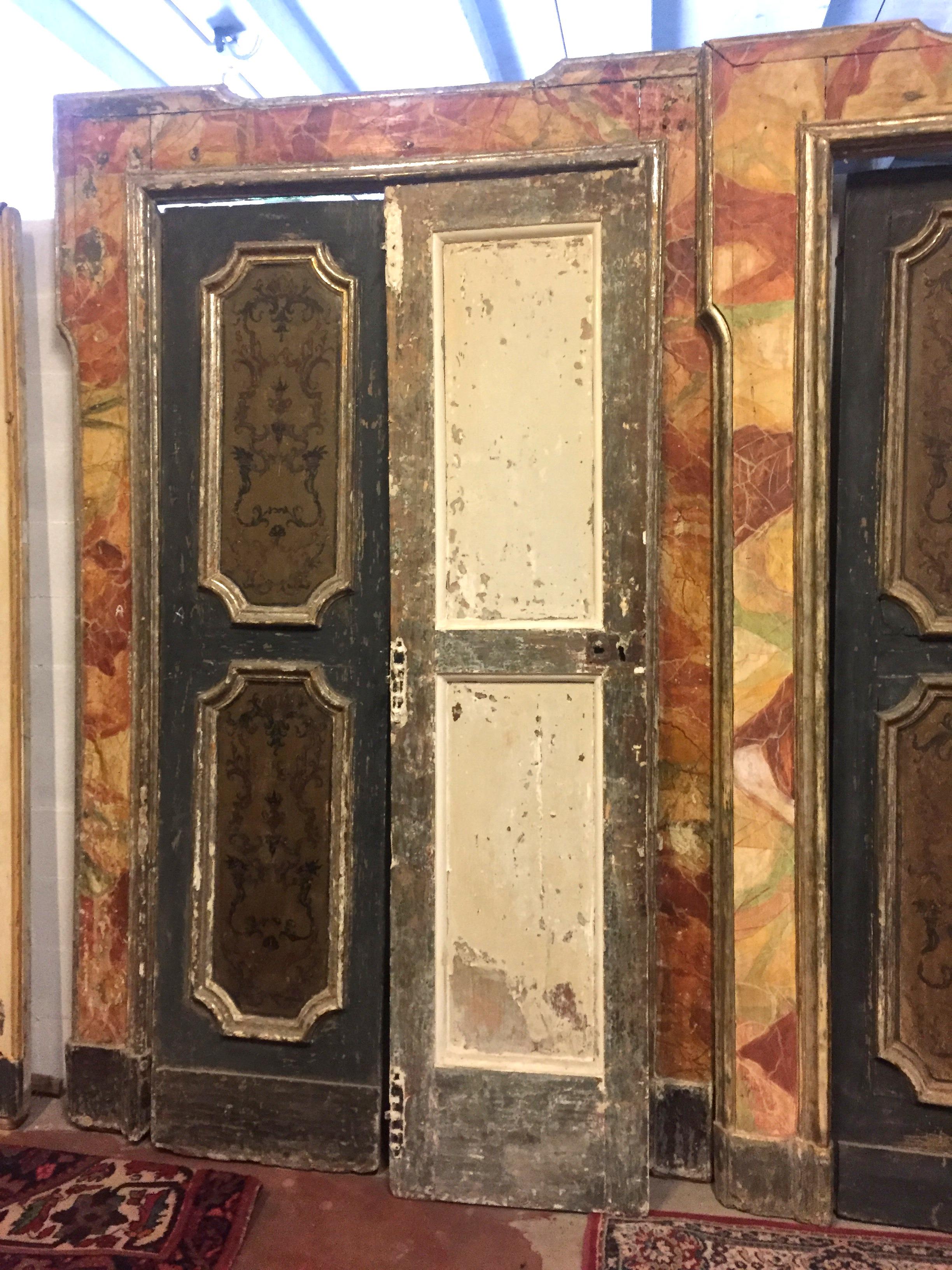 Italian Set of 4 Door with Frame, Gold Orange Green, Fake Marble Napoli, 1700, Italy