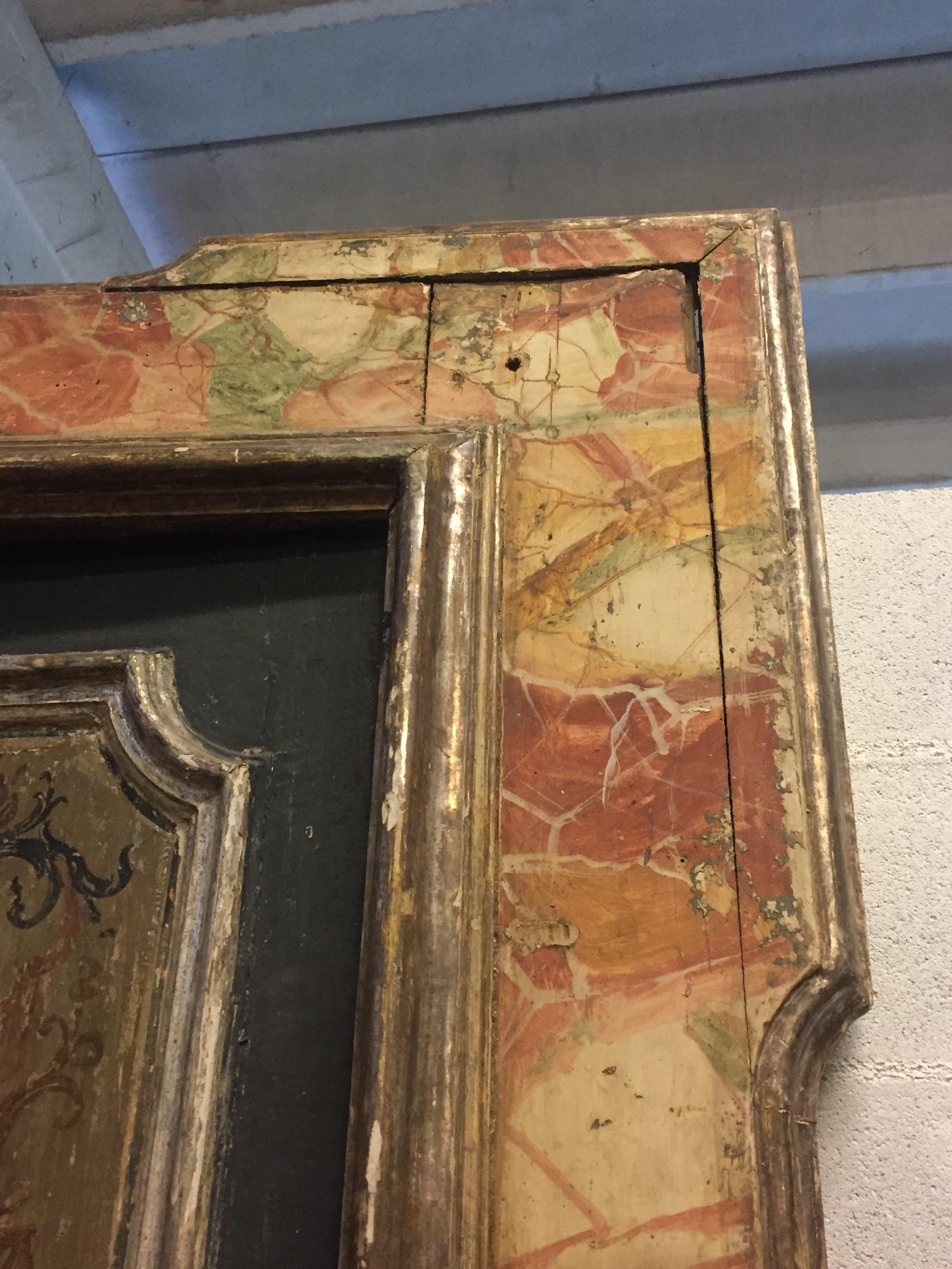 Lacquered Set of 4 Door with Frame, Gold Orange Green, Fake Marble Napoli, 1700, Italy