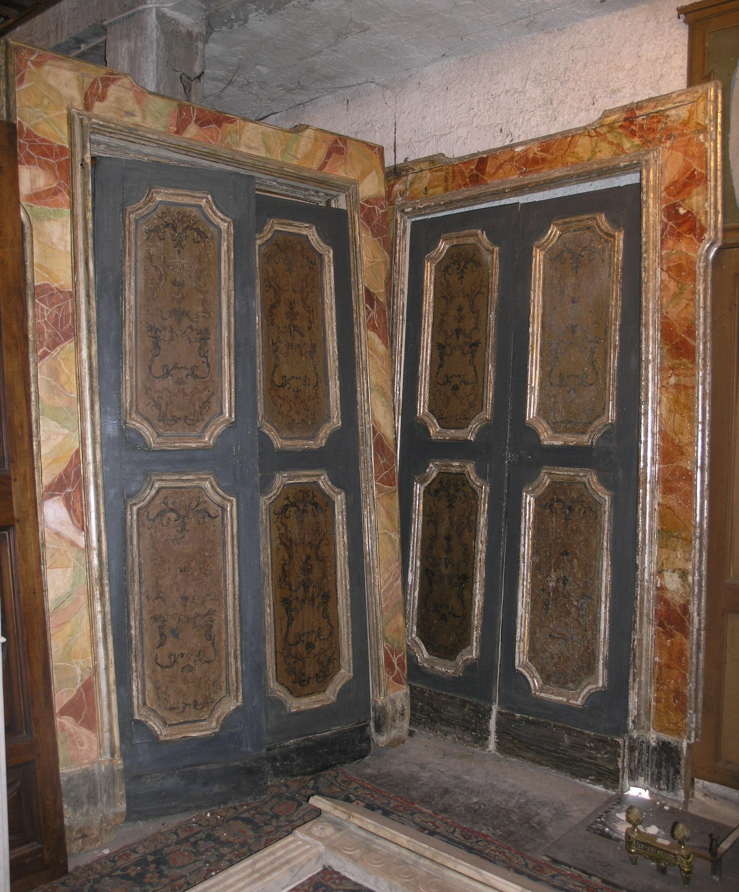 Set of 4 Door with Frame, Gold Orange Green, Fake Marble Napoli, 1700, Italy In Good Condition In Cuneo, Italy (CN)