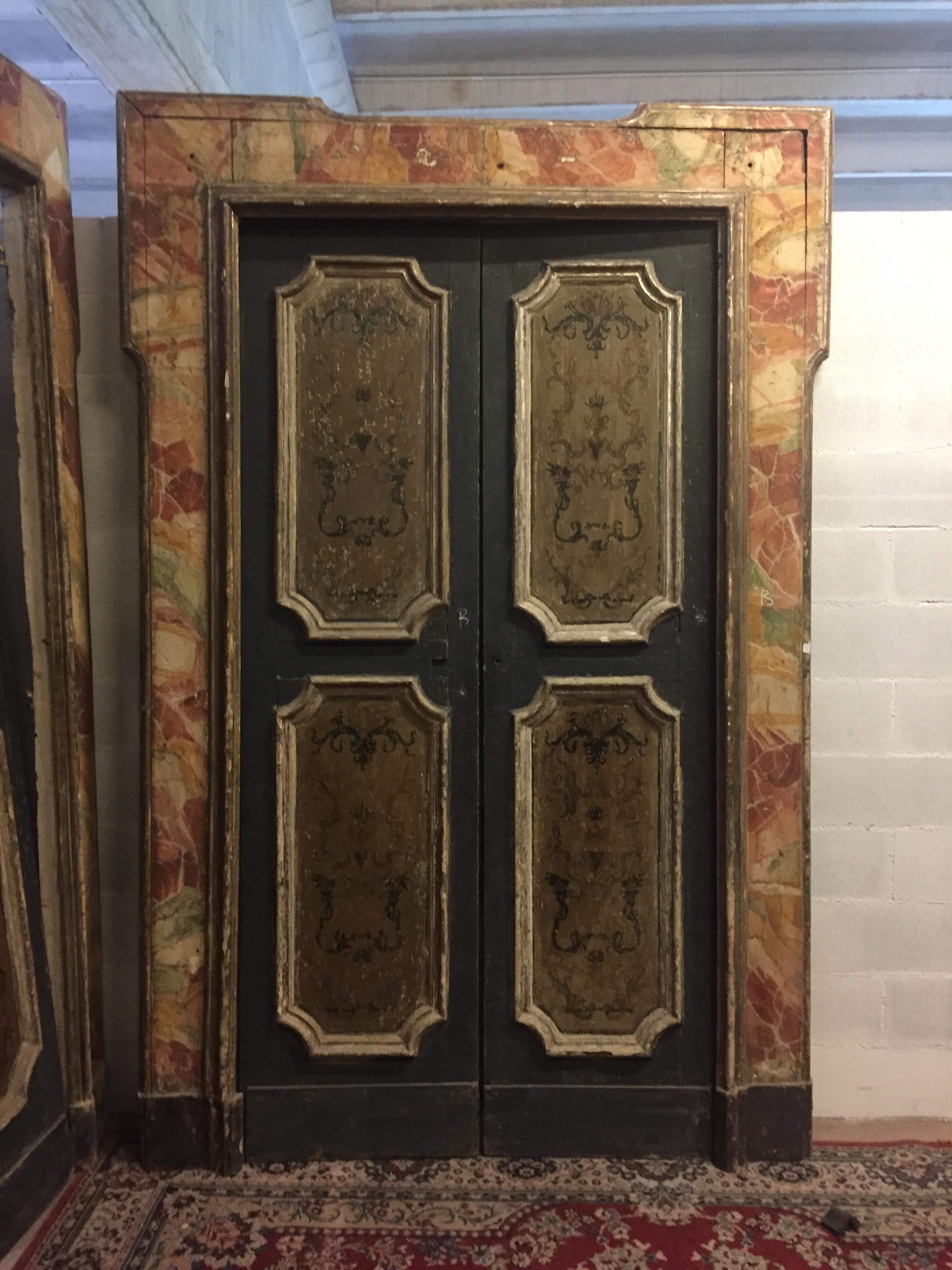 Set of 4 Door with Frame, Gold Orange Green, Fake Marble Napoli, 1700, Italy 1
