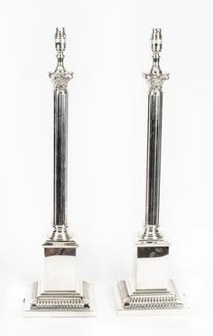 Antique Set 4 Edwardian Silver Plated Corinthian Column Table Lamps Early 20th C