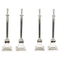 Antique Set 4 Edwardian Silver Plated Corinthian Column Table Lamps Early 20th C