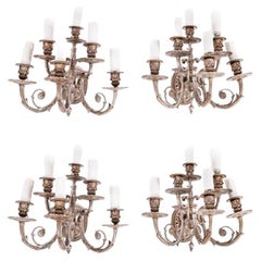Antique Set 4 Louis VI Revival Silver Plated Six Branch Wall Lights 20th Century