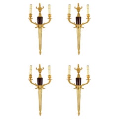 Antique Set 4 Ormolu and Veined Rouge Marble Twin Branch Wall Lights 20thCentury