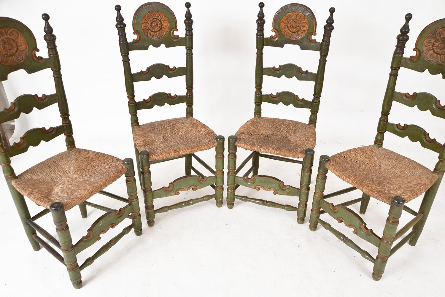 Antique Set 4 Spanish Polychrome Dining Chairs Giltwood Green Painted Folk Art For Sale 13